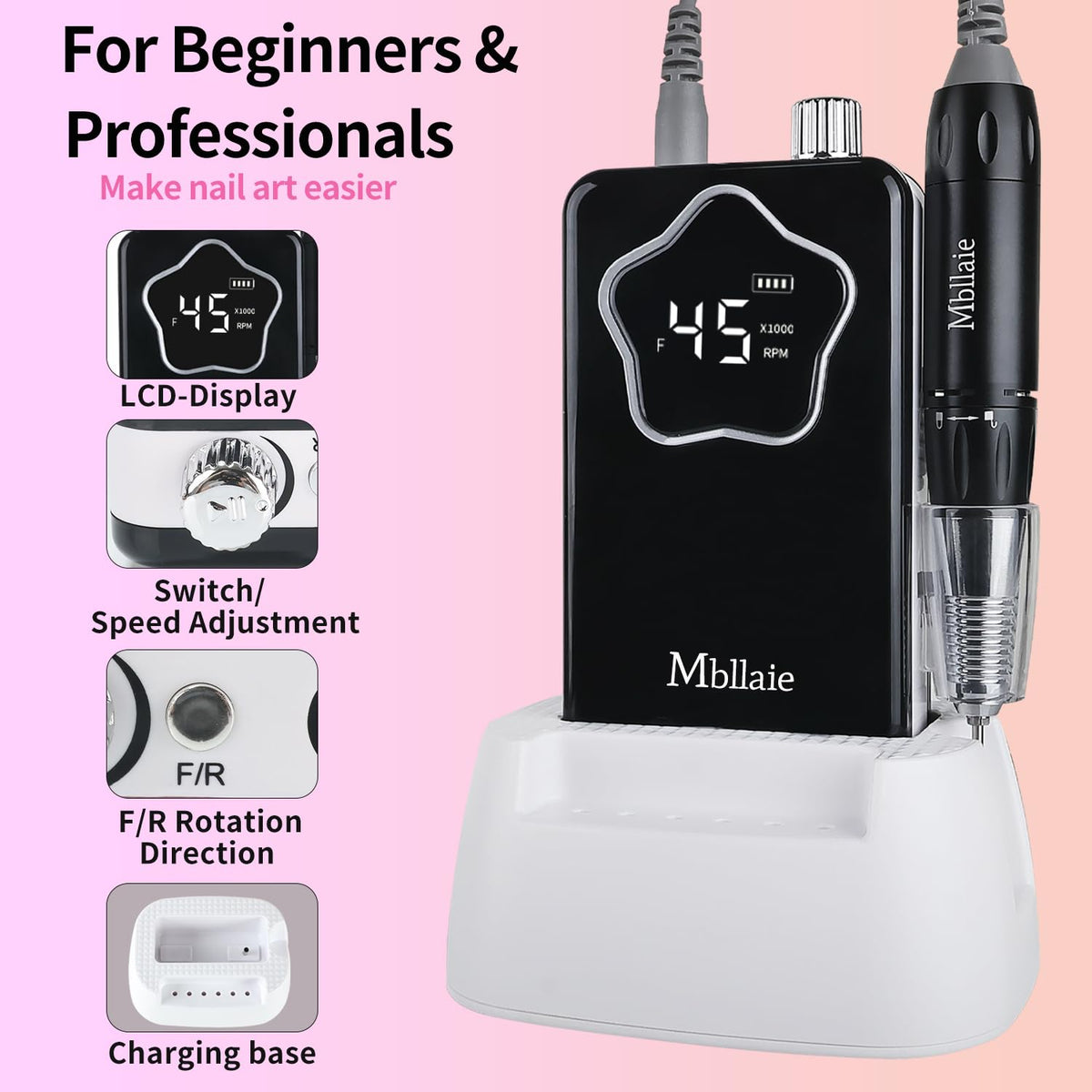 Taladro de Uñas Eléctrico Profesional Mbllaie 45000 RPM Inalámbrico Recargable