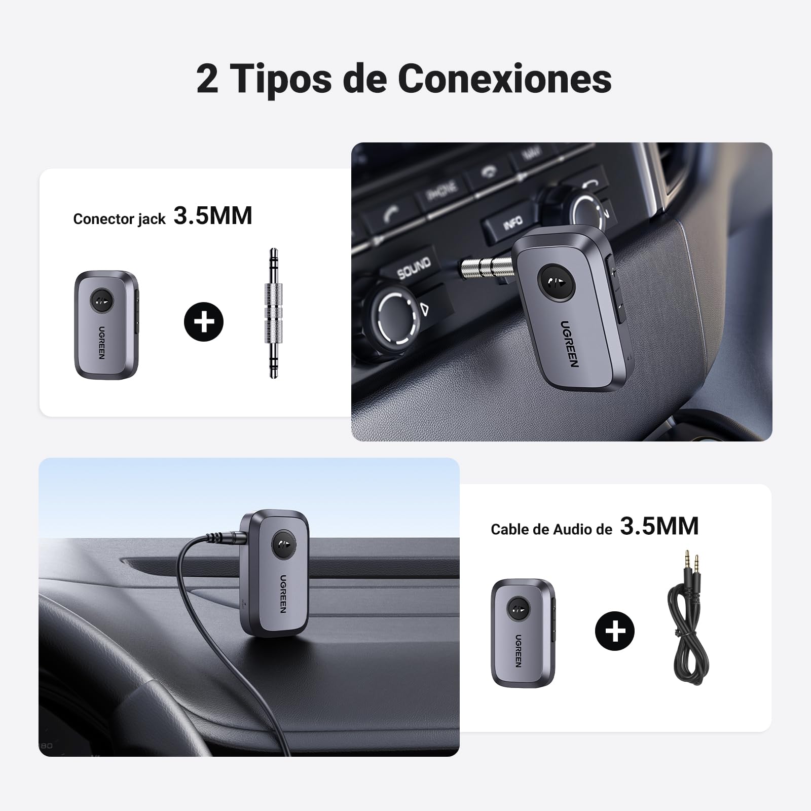Receptor Bluetooth 5.3 UGREEN Negro con Micrófono para Coche y Llamadas Manos Libres