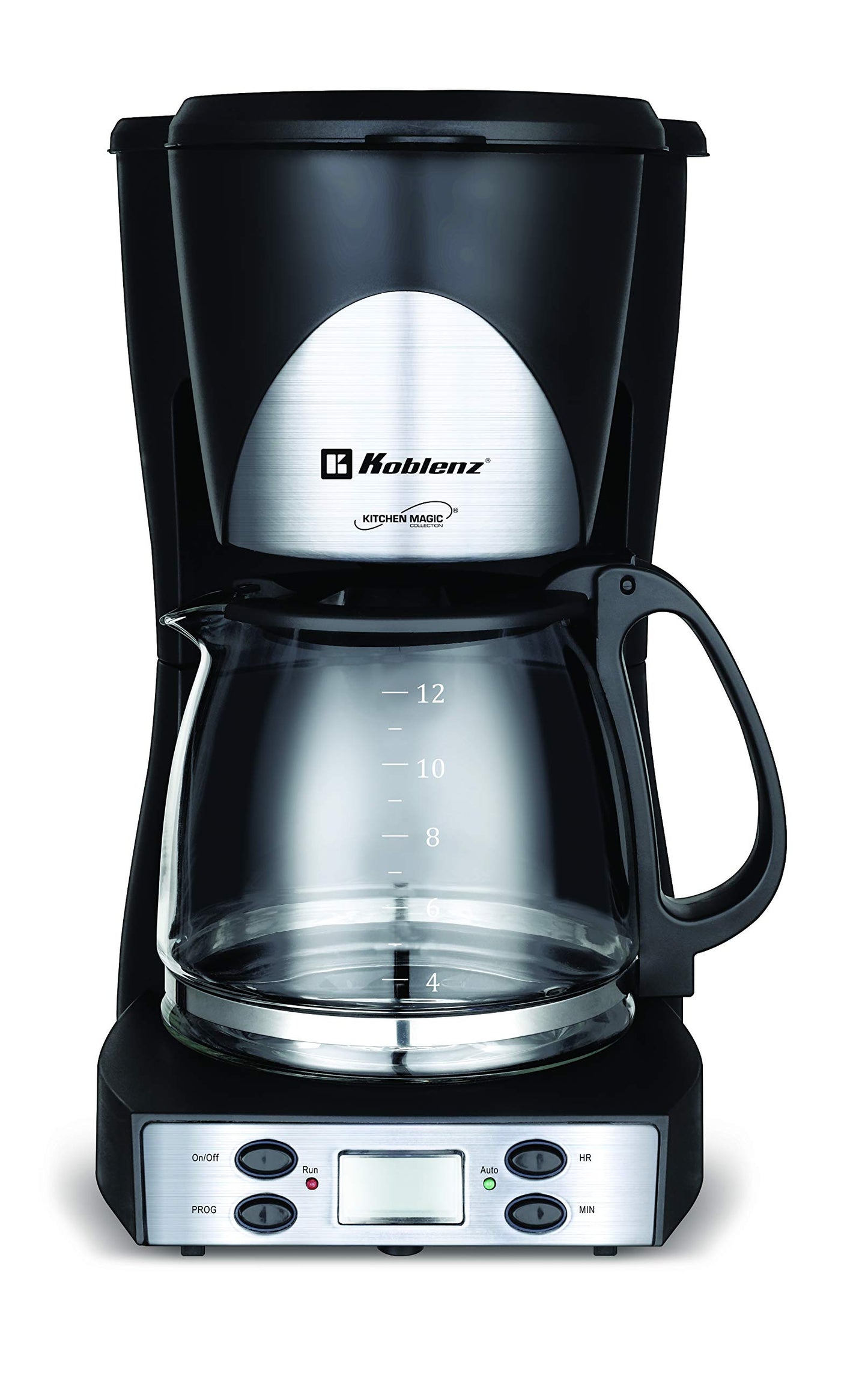 Koblenz Cafetera de Goteo Koblenz para 12 Tazas, 1.5 L, Programable con Timer y Display Digital, 1000 W, Función Antigoteo, Jarra de Vidrio, Filtro Lavable, Negro con Acero Inoxidable (CKM-212 PIN)