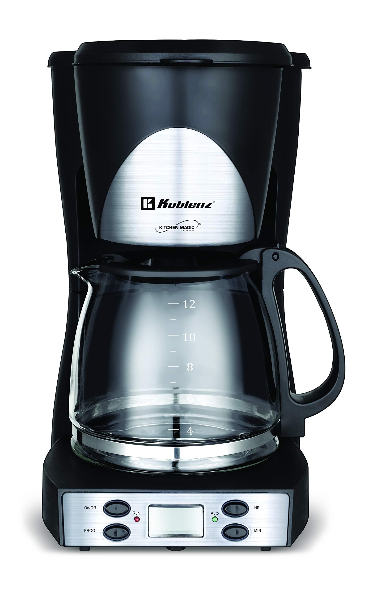 Koblenz Cafetera de Goteo Koblenz para 12 Tazas, 1.5 L, Programable con Timer y Display Digital, 1000 W, Función Antigoteo, Jarra de Vidrio, Filtro Lavable, Negro con Acero Inoxidable (CKM-212 PIN)