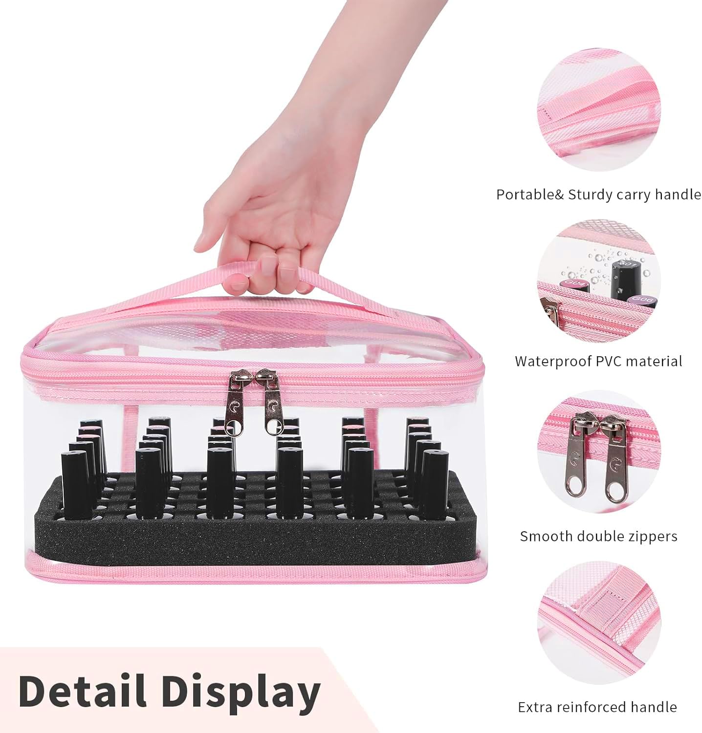 Beloving - Organizador de esmalte de uñas transparente con capacidad para 30 botellas, estuche de esmalte de uñas de PVC, suministros de uñas transparentes con herramientas de manicura, secciones de