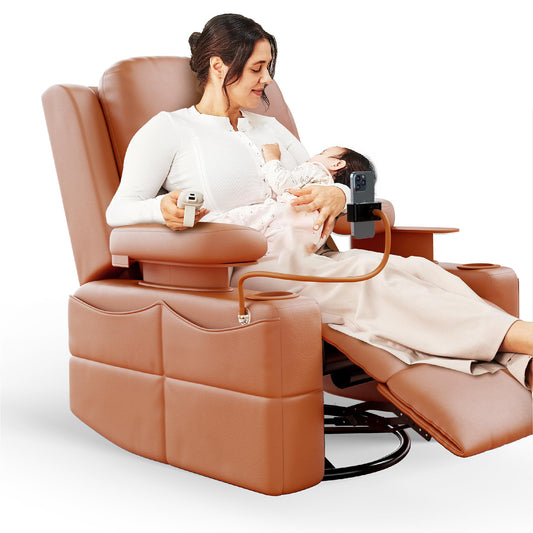 MAMAZING - Silla mecedora para guardería con reposabrazos ajustables, silla reclinable con planeador eléctrico para lactancia, silla reclinable giratoria con puerto USB y almacenamiento, certificado