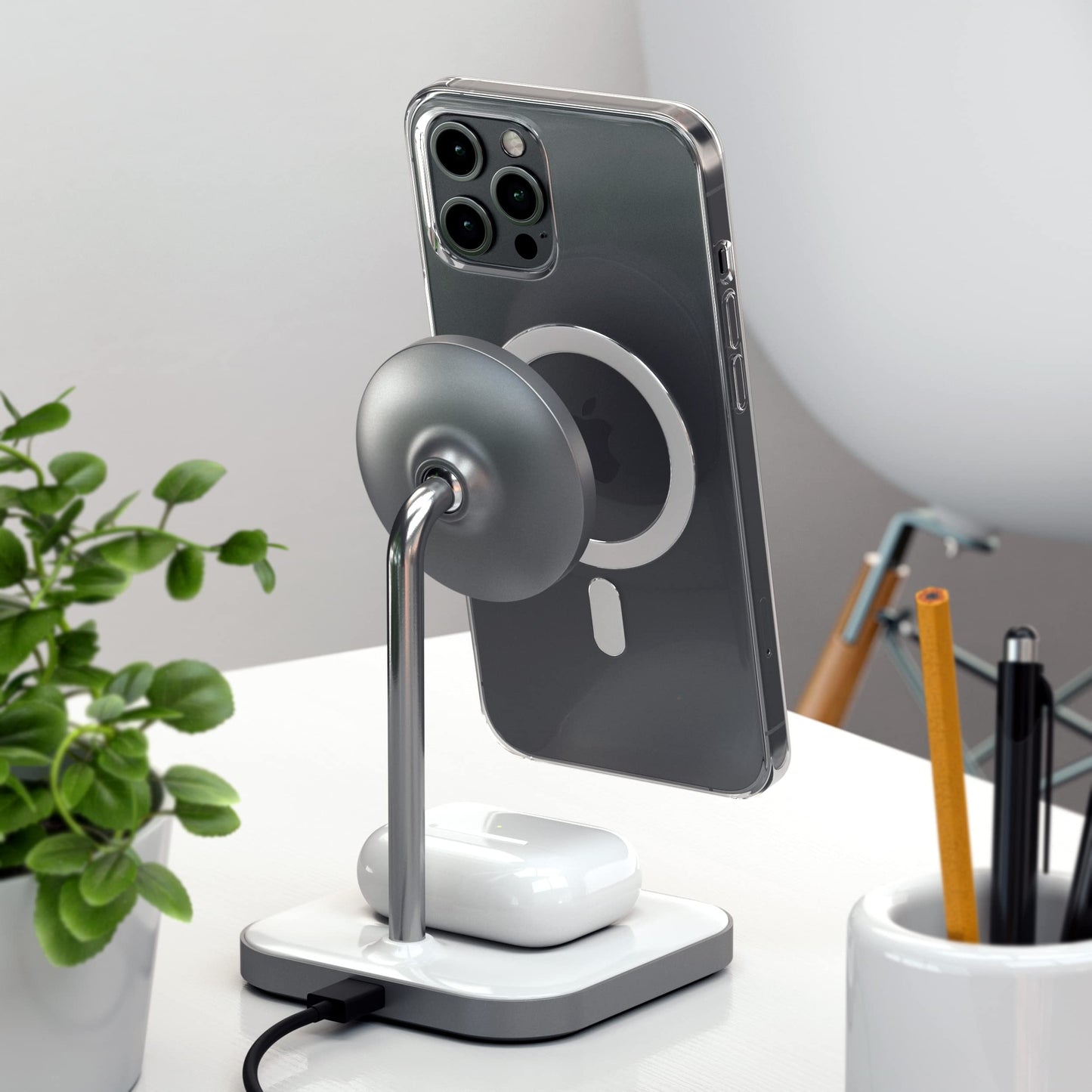 Soporte de Carga SATECHI Aluminio Magnético Inalámbrico 2-en-1 Compatible con iPhone y AirPods Pro