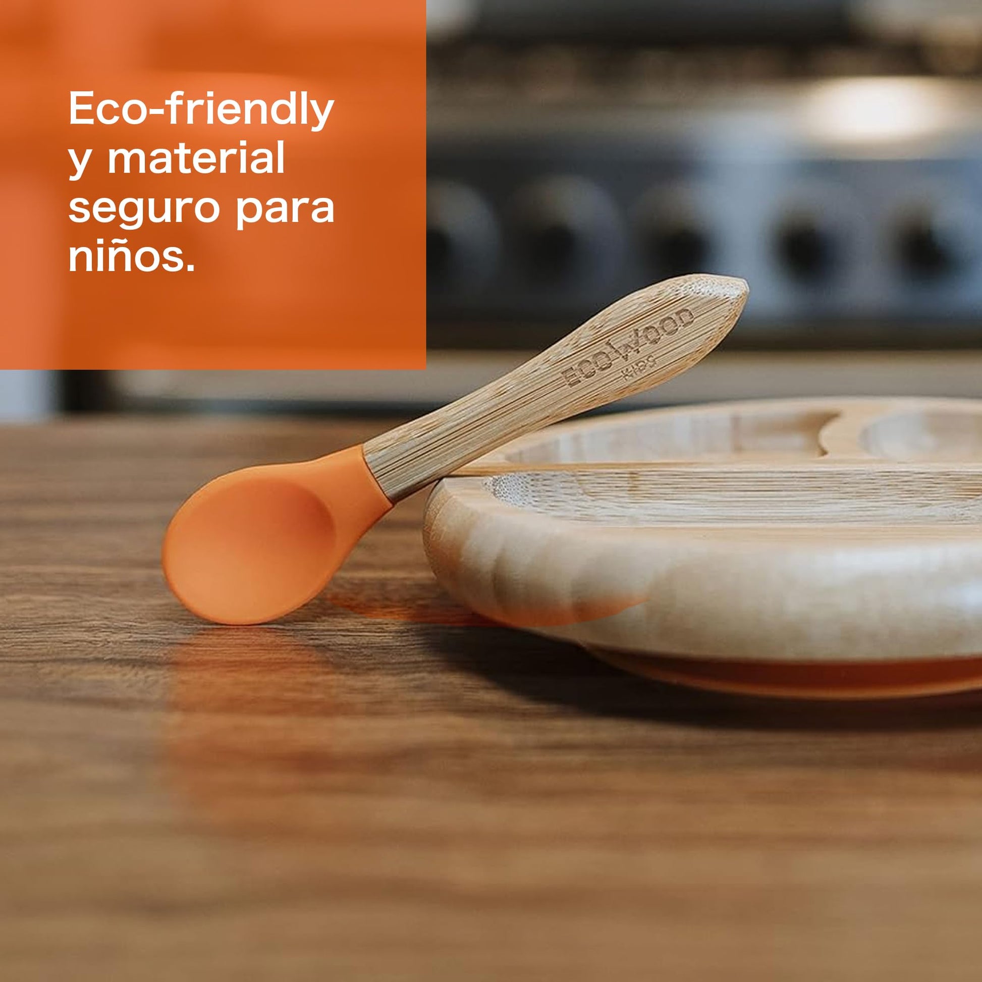 Ecowood® Plato Extendido de Bambú con Divisiones para Bebe y Niño - Con Base de Silicona Succión Adherente y Antiderrapante (Naranja)