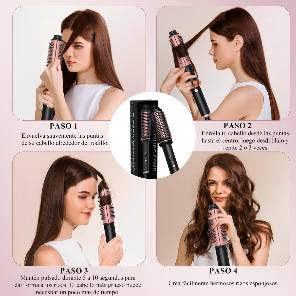 Cepillo de Aire Caliente Eléctrico Anti-Frizz de Iones Negativos para Cabello Rizado y Liso con Guantes Anti-Escaldaduras