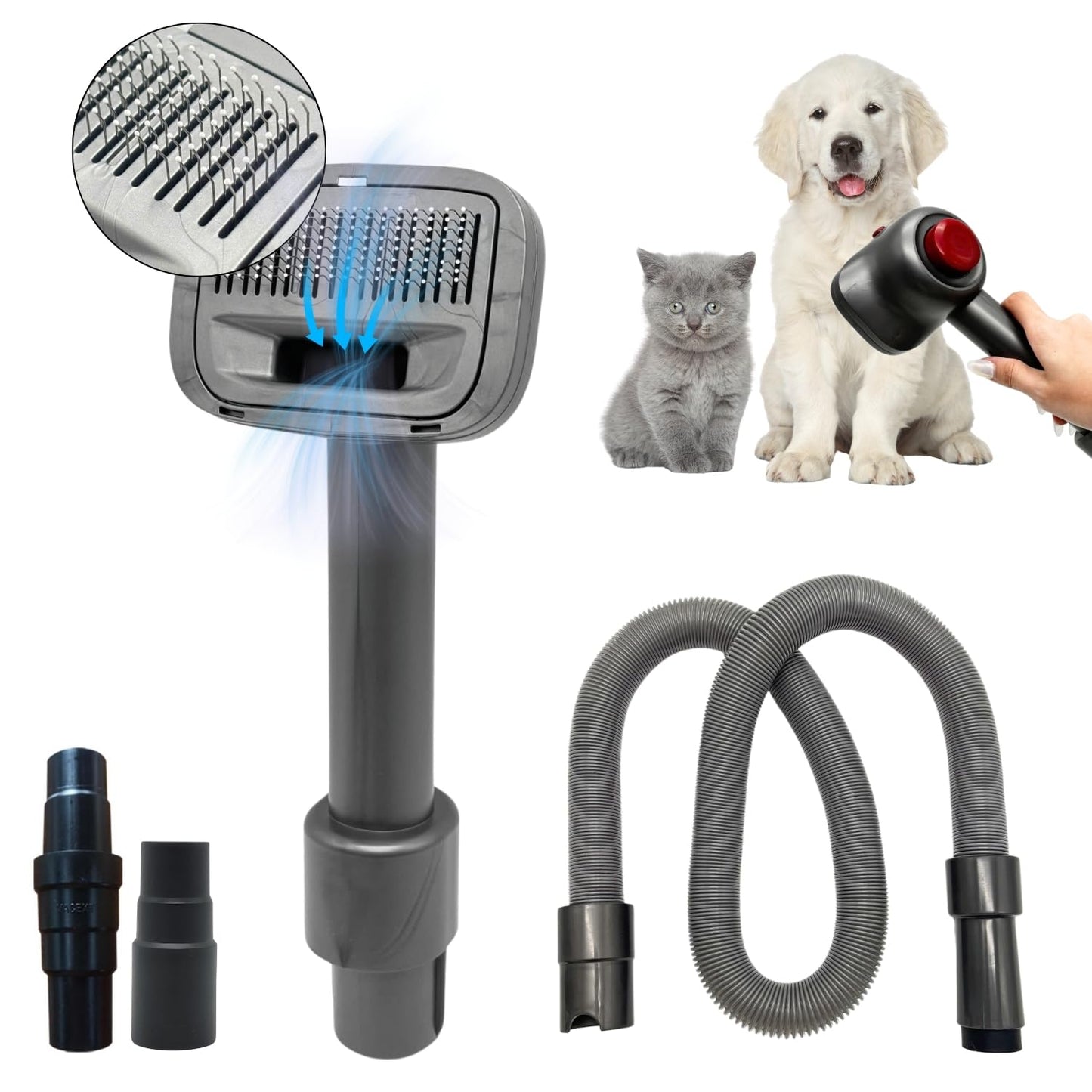 cepillo para polvo de aseo para perros y mascotas y manguera de aspiradora de extensión para aspiradoras con mangueras de 1-1/4 pulgadas o 1-3/8 pulgadas y Dyson V6 DC59 DC56 DC4 - Herramienta de fijación de pelo de mascotas, cepillo para polvo de limpiez