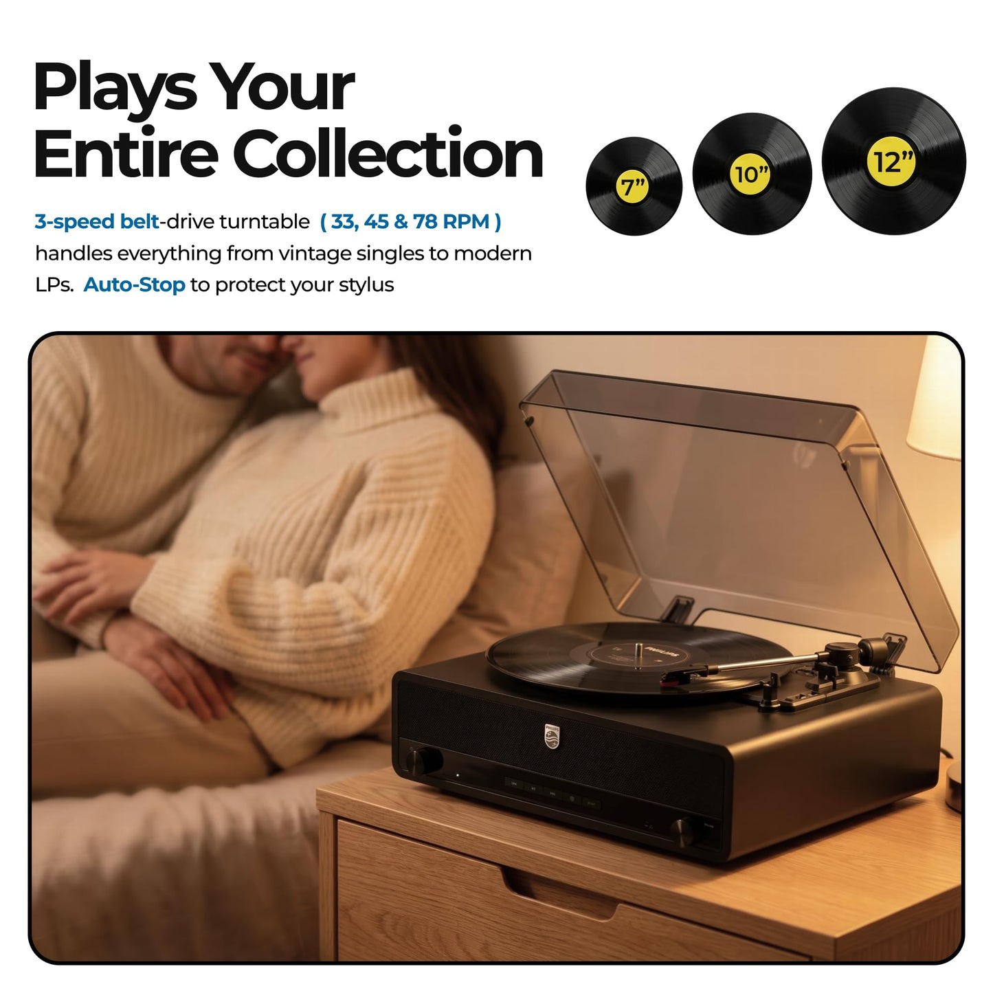 Philips Reproductor de grabación de tocadiscos Bluetooth todo en uno con altavoces integrados, reproductor de vinilo de 3 velocidades, lápiz Audio-Technica, entrada y salida de transmisión inalámbrica