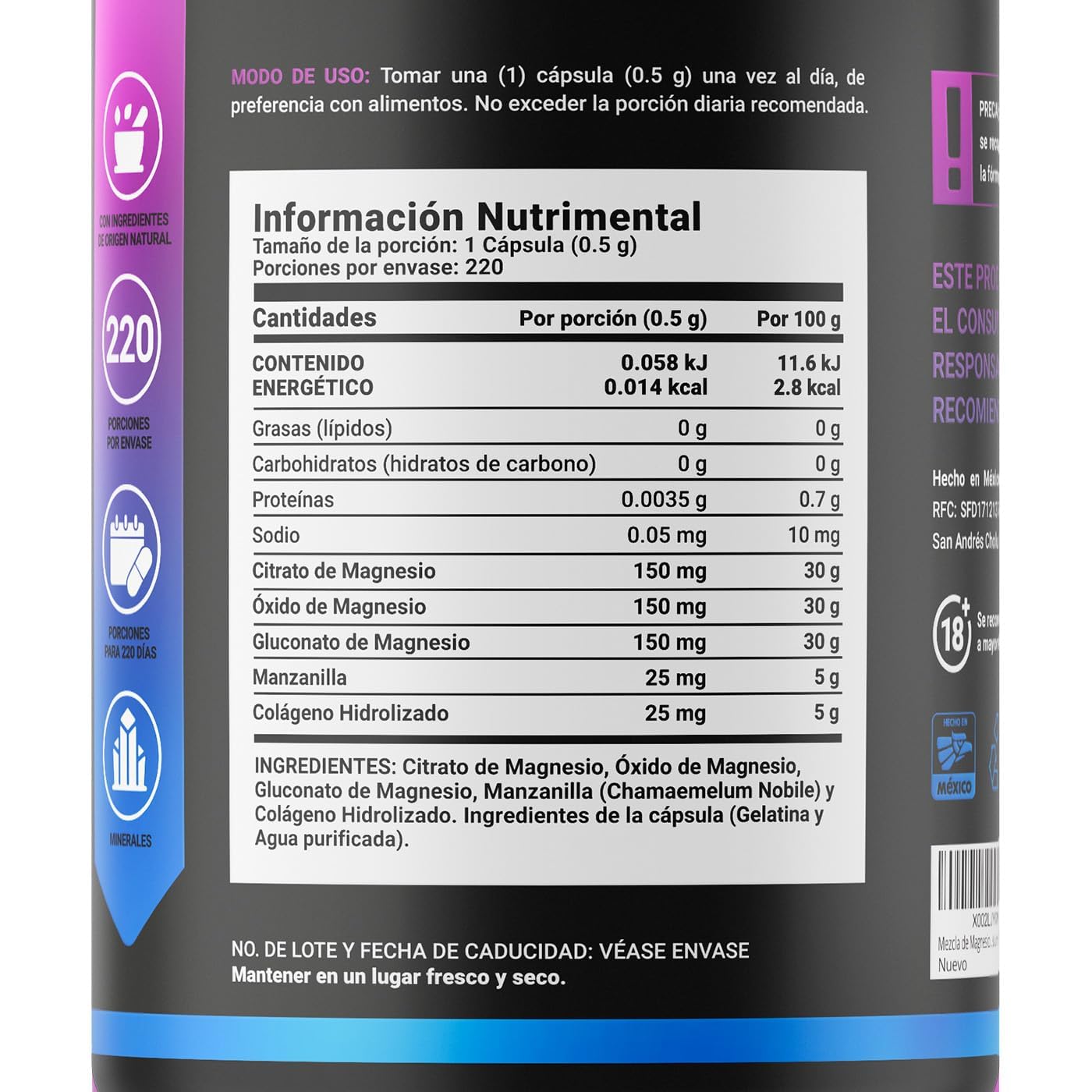 B Life Company | Citrato, Óxido y Gluconato de Magnesio | 220 Cápsulas de 500 mg | Alta absorción. Ingredientes Naturales. 3 Mag Blend.