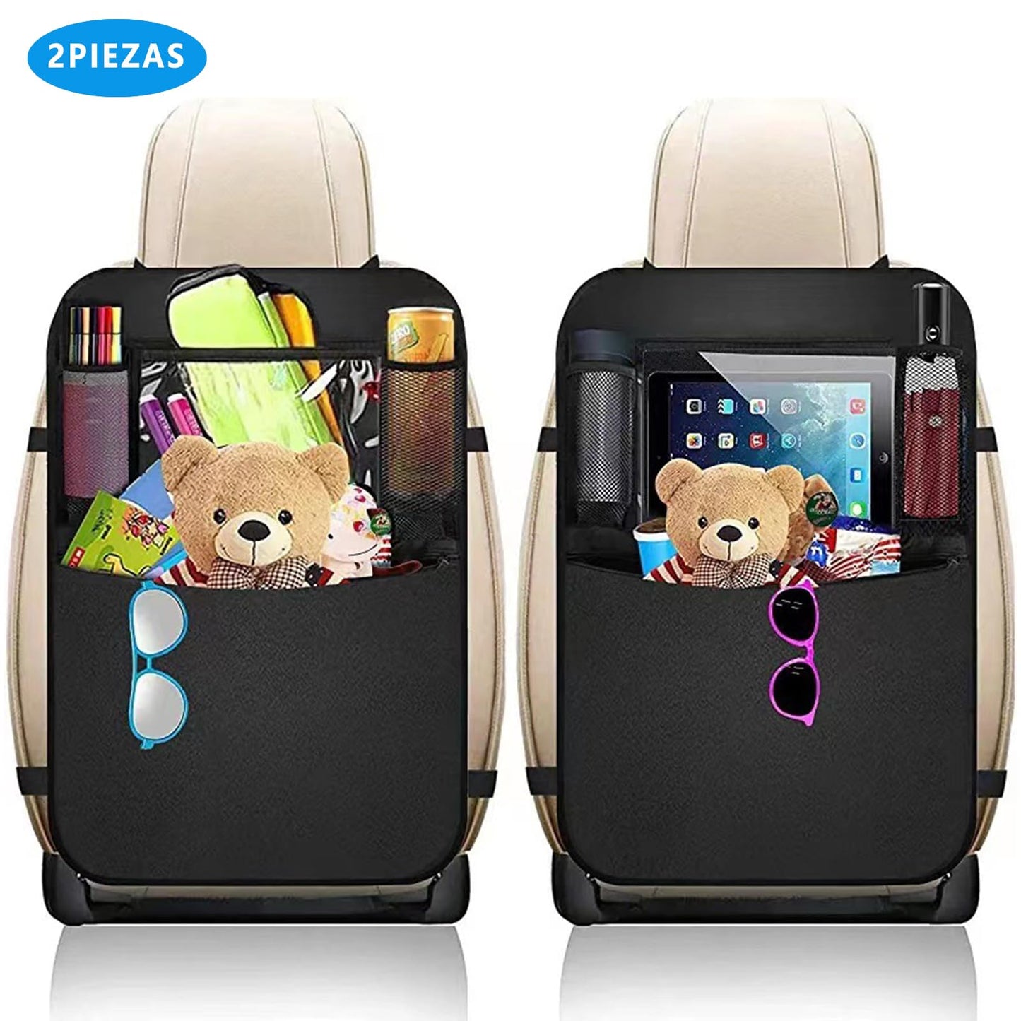 DHZMDS Organizadores Para Asientos De Coches Para Niños Universal, Protector Trasero Del Asiento Con Soporte Transparente Para La Pantalla De La Tableta, Impermeable y Fácil de Limpiar (2 en negro)