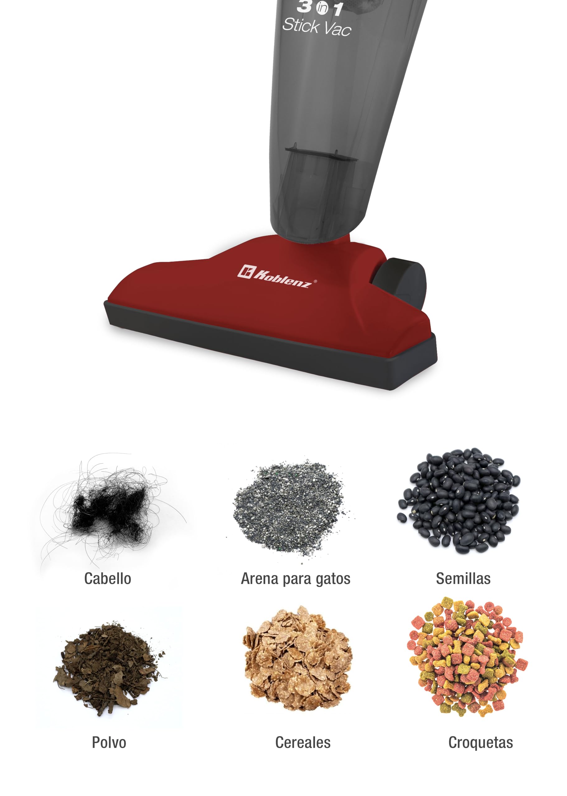 Koblenz Pegasus, Aspiradora Vertical 3-en-1, Stick Vac, Aspiradora de Mano, de Bastón y de Auto, Cable de 5m, Copa de Polvo, Sin Bolsa, Sistema Doble de Filtrado, para Cualquier Piso, Color Rojo