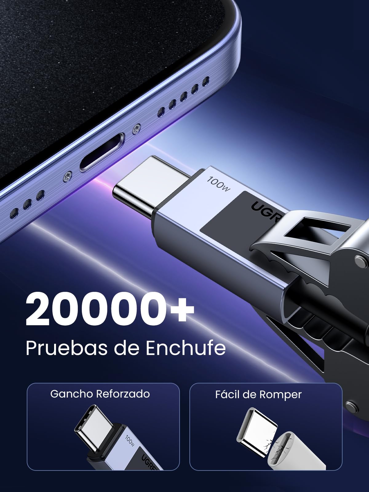 Cable USB C UGREEN 100W Negro Carga Rápida PD 3.0 2M Compatible con MacBook Air para Hombre