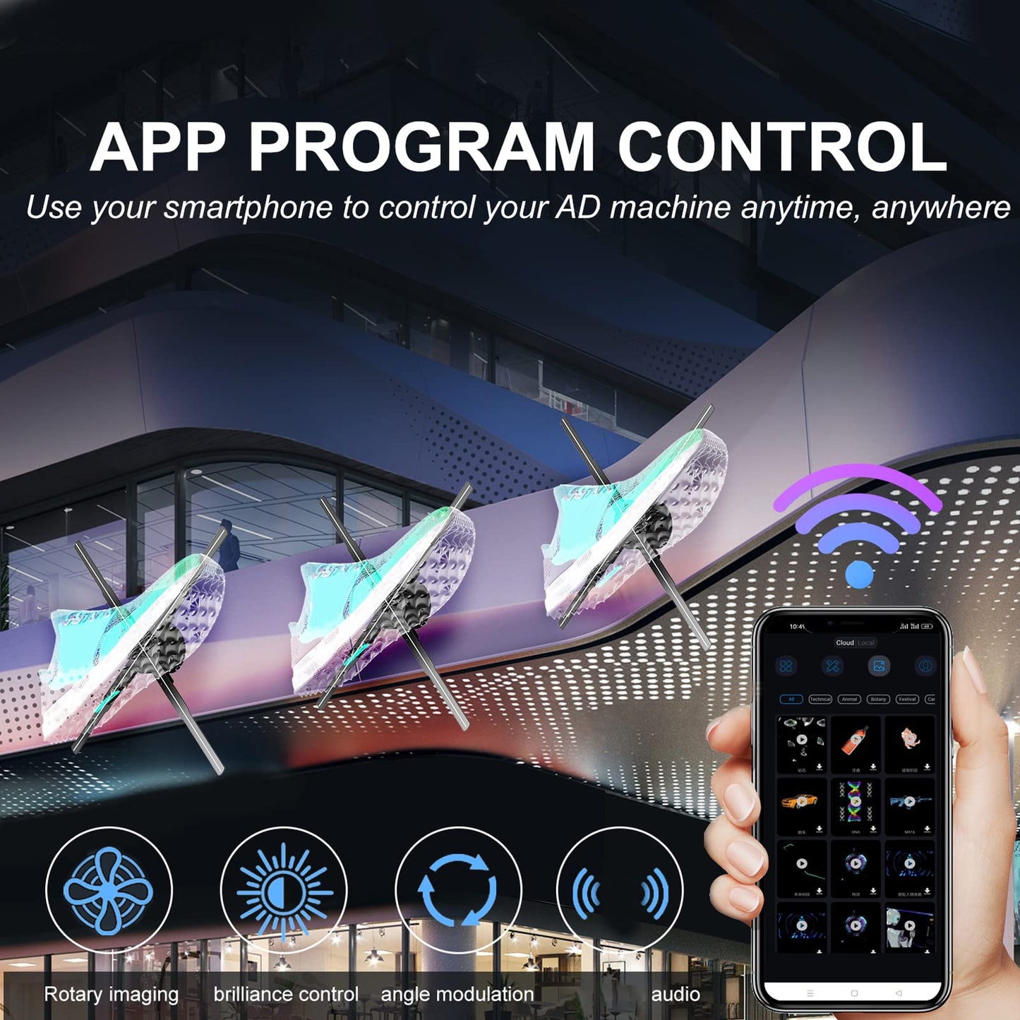 Ventilador de Holograma 3D Ultra HD WiFi Pantalla de Publicidad Holográfica Enchufe de Aplicación de Teléfono de Soporte