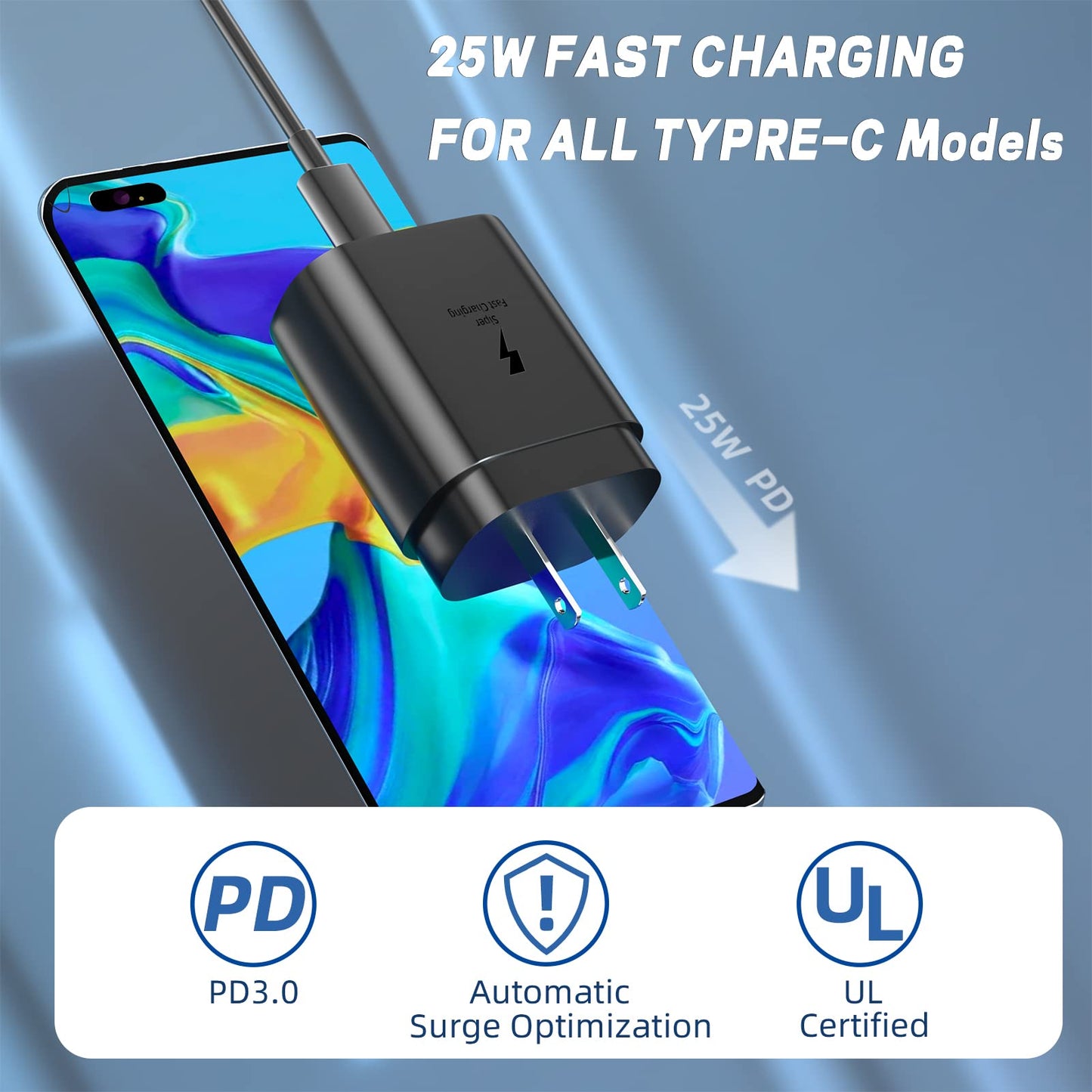 compatible para Samsung Fast Charger Super Type C Charging USB-C Galaxy Accessories Cable Puertos Carga para Android Wall 25W teléfono celular Bloque Adaptador Ladrillo Compatible con Caja de Cable
