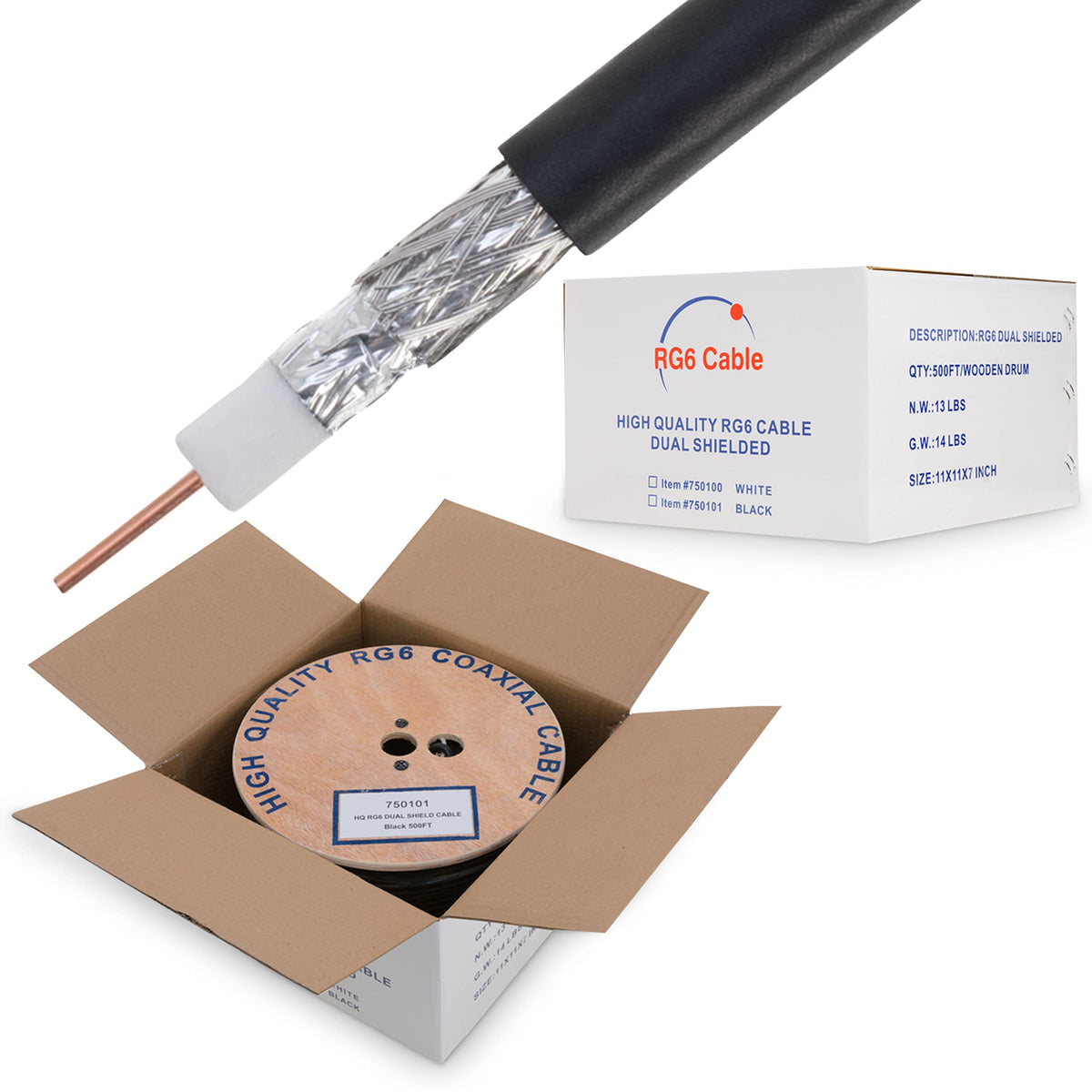 Cable Coaxial RG6 Cables Direct Online Negro Doble Escudo 1000 Pies