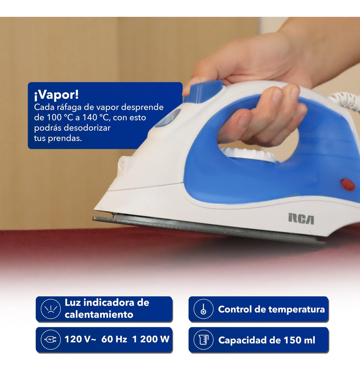 Plancha de Vapor RCA Azul con Suela Antiadherente y Vapor Vertical para Telas Delicadas