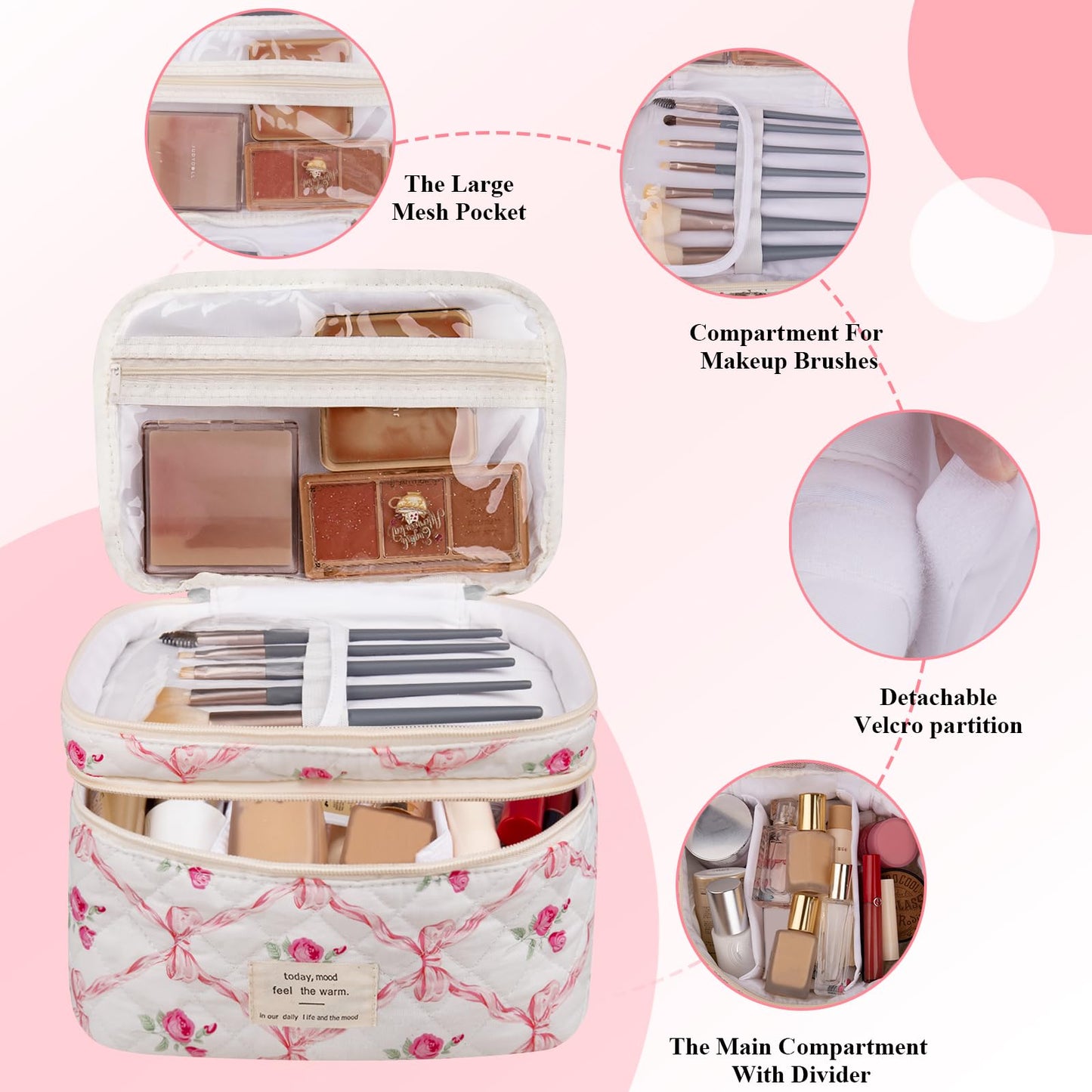 Bolsa de maquillaje, bolsa de cosméticos grande para mujeres y niñas, lindas bolsas de maquillaje acolchadas, bolsa de aseo estética de coqueta floral, bolsa organizadora de maquillaje de viaje (lazo