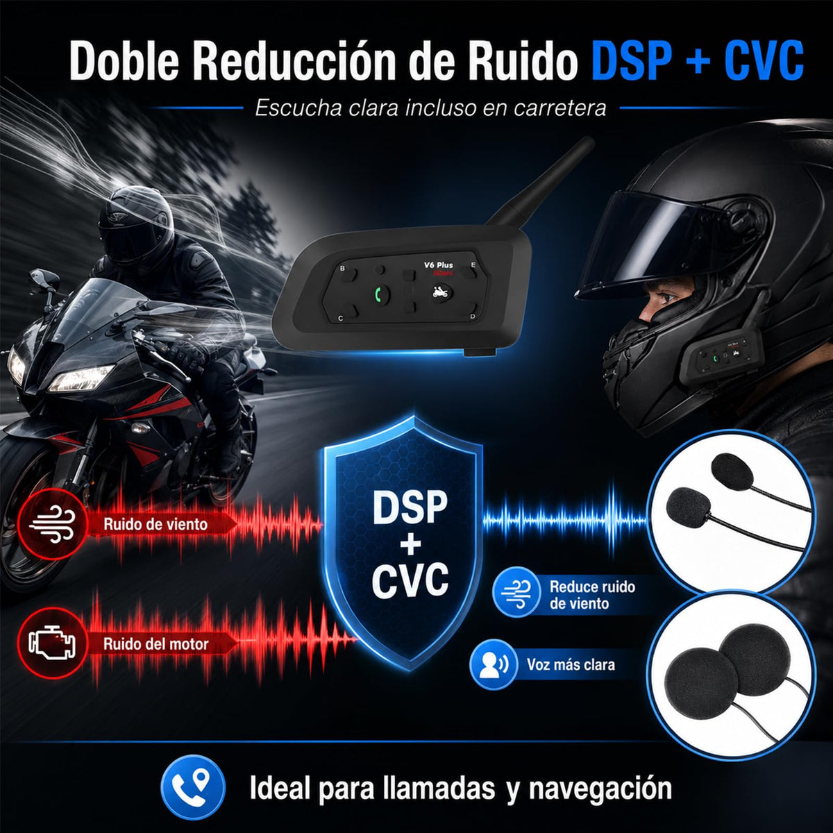 Auriculares Bluetooth para Casco Motocicleta con Intercomunicador de 6 Personas y Alcance de 1500 Metros