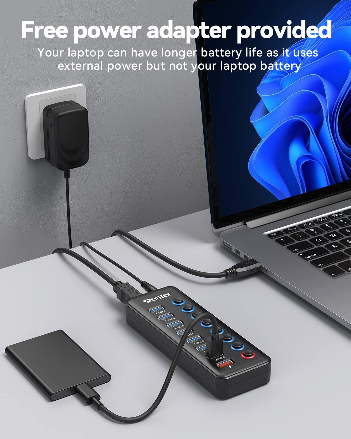 Hub USB alimentado 3.0, Wenter 8 puertos USB Splitter Hub (7 puertos de transferencia de datos más rápidos + 1 puerto de carga inteligente) con interruptores LED individuales de encendido/apagado, Hub