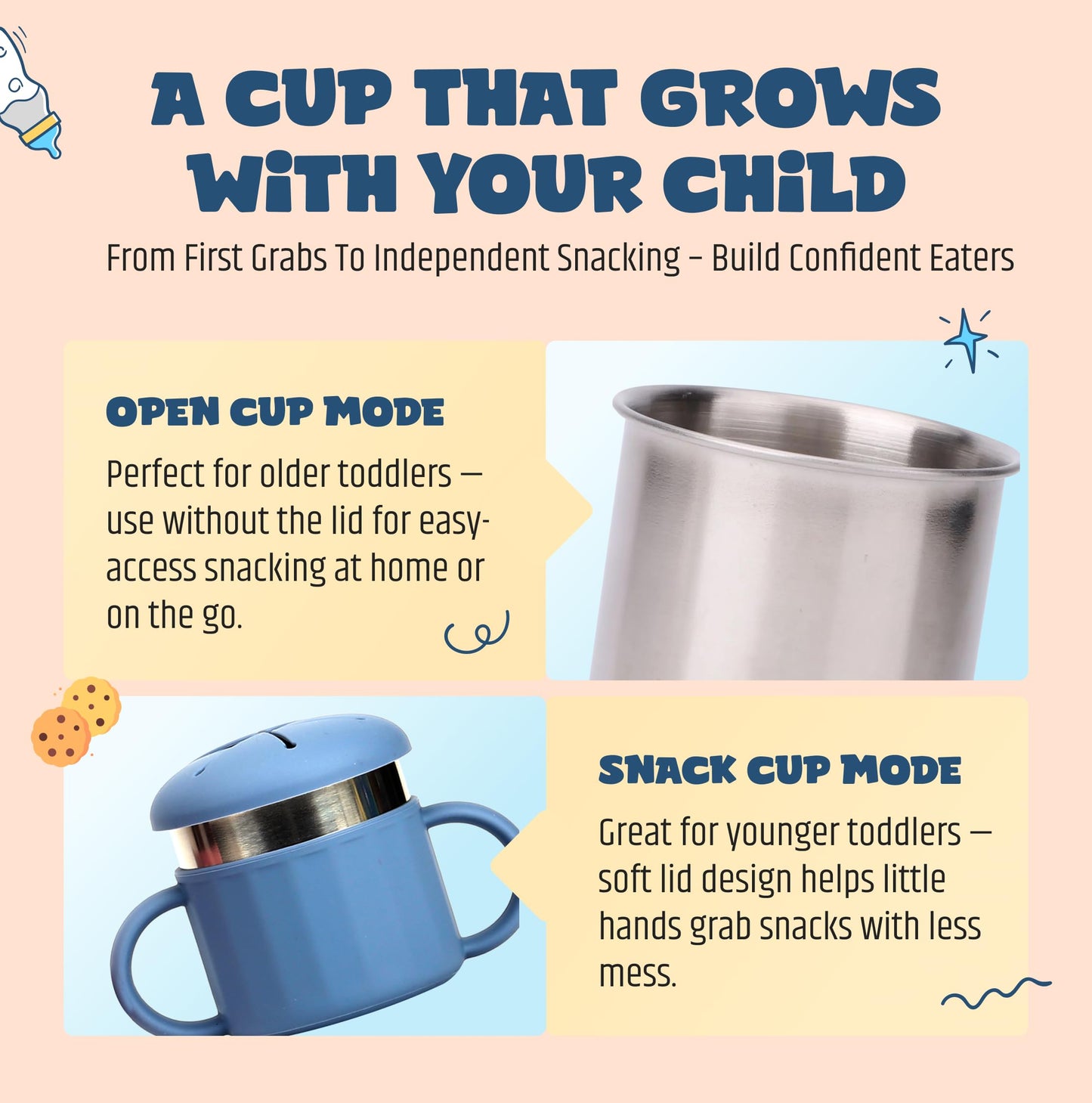 Jumble Dream - Taza de botanas de acero inoxidable para niños pequeños – Contenedor de botanas de silicona a prueba de derrames – Sin BPA, no tóxico, apto para lavaplatos, acero inoxidable de grado