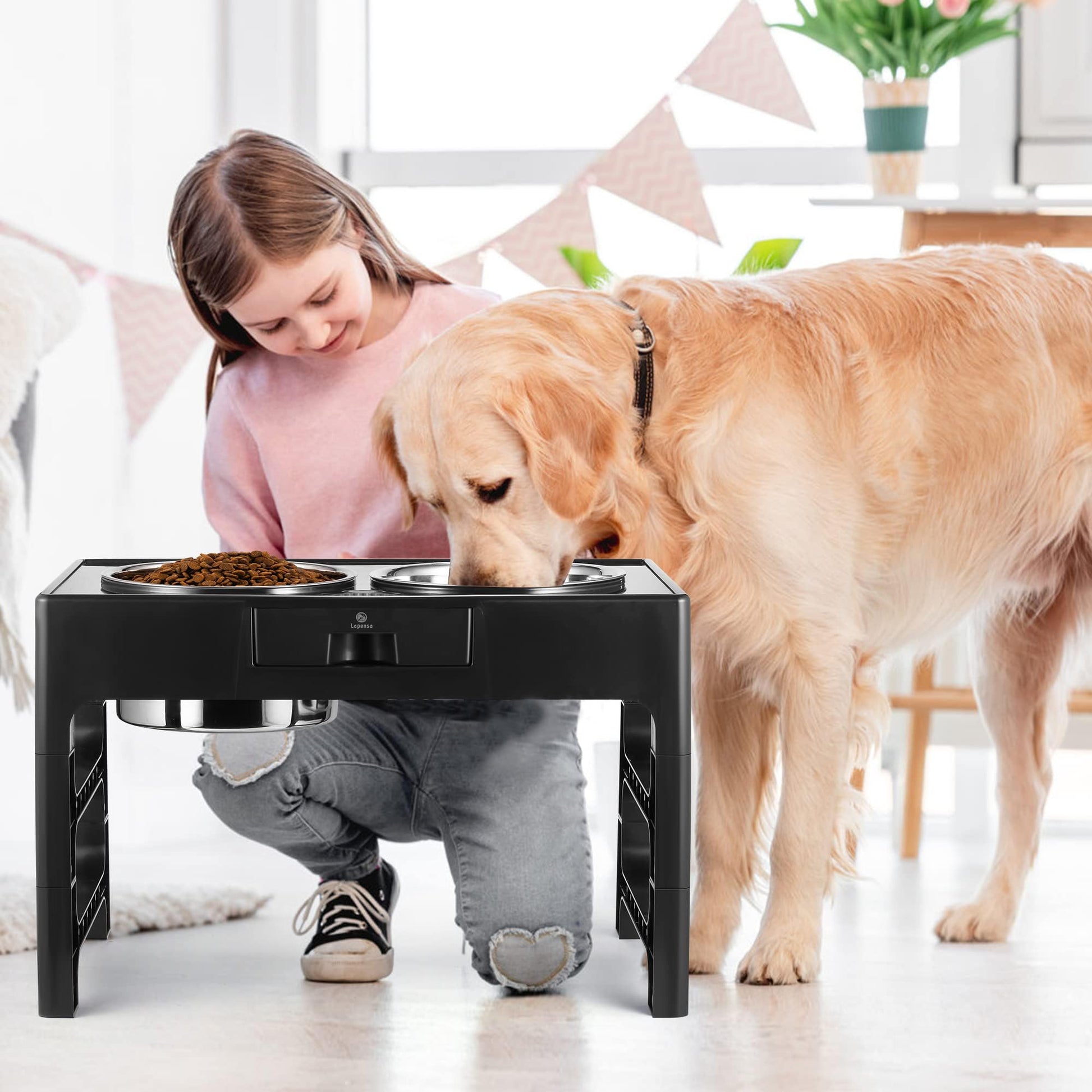 Lapensa Cuencos Elevados Para Perros, Cuenco Profundo Para Perros Elevado De Acero Inoxidable Con Soporte Ajustable, Cuenco Doble Para Comida Y Agua Para Perros Medianos Y Grandes, 3 Alturas 3.9", 7.8