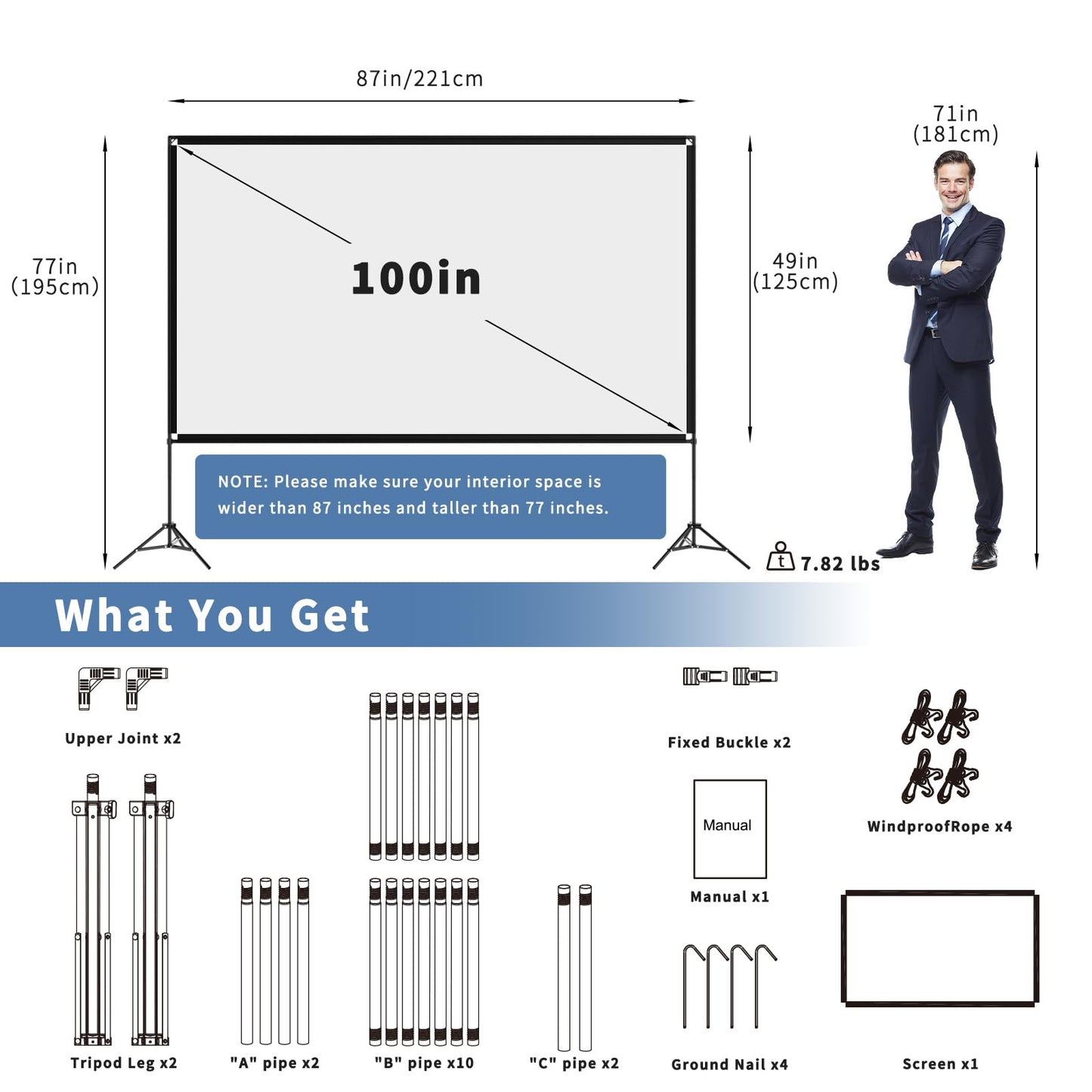 VISULAPEX - visualización de proyector con Soporte de 100 Pulgadas, 16:9 4K HD portátil para Interiores y Exteriores, visualización de película Plegable sin Arrugas, visualización de proyección