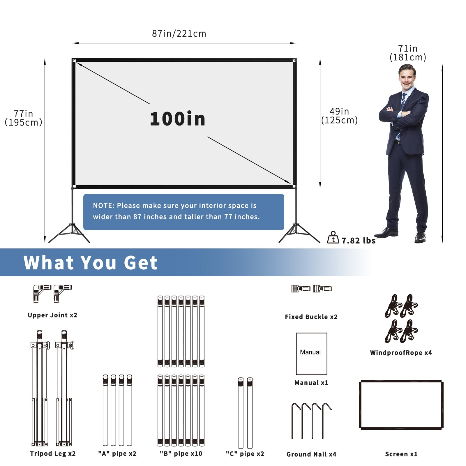 VISULAPEX - visualización de proyector con Soporte de 100 Pulgadas, 16:9 4K HD portátil para Interiores y Exteriores, visualización de película Plegable sin Arrugas, visualización de proyección