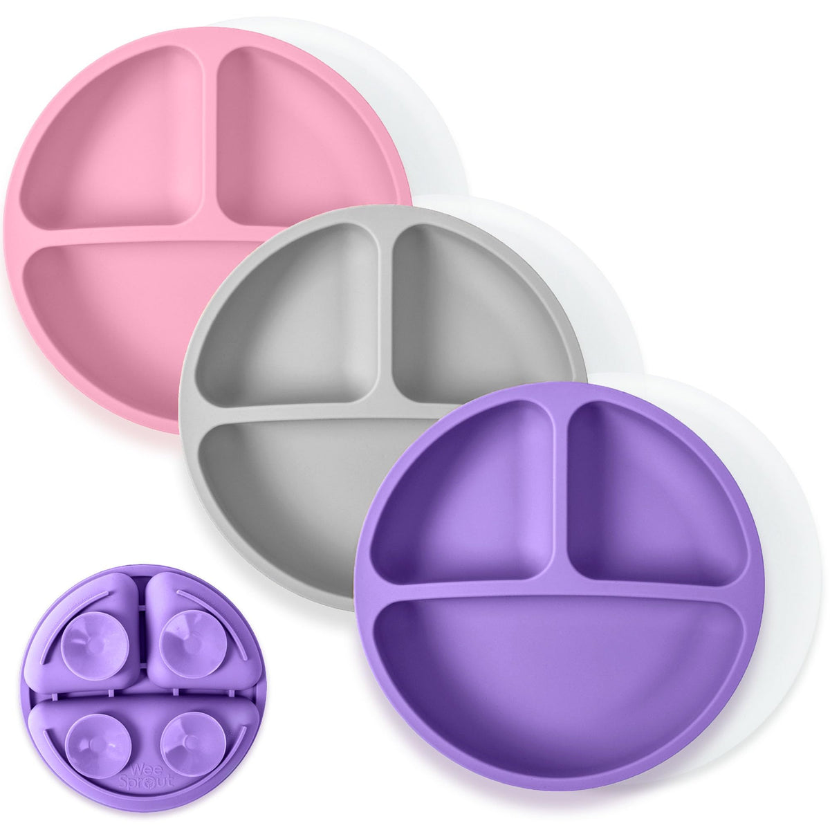 WeeSprout - Placas de succión con tapas para bebés y niños pequeños, 100% silicona, vajilla se mantiene en su lugar, diseño dividido para comedores exigentes, apto para microondas y lavaplatos