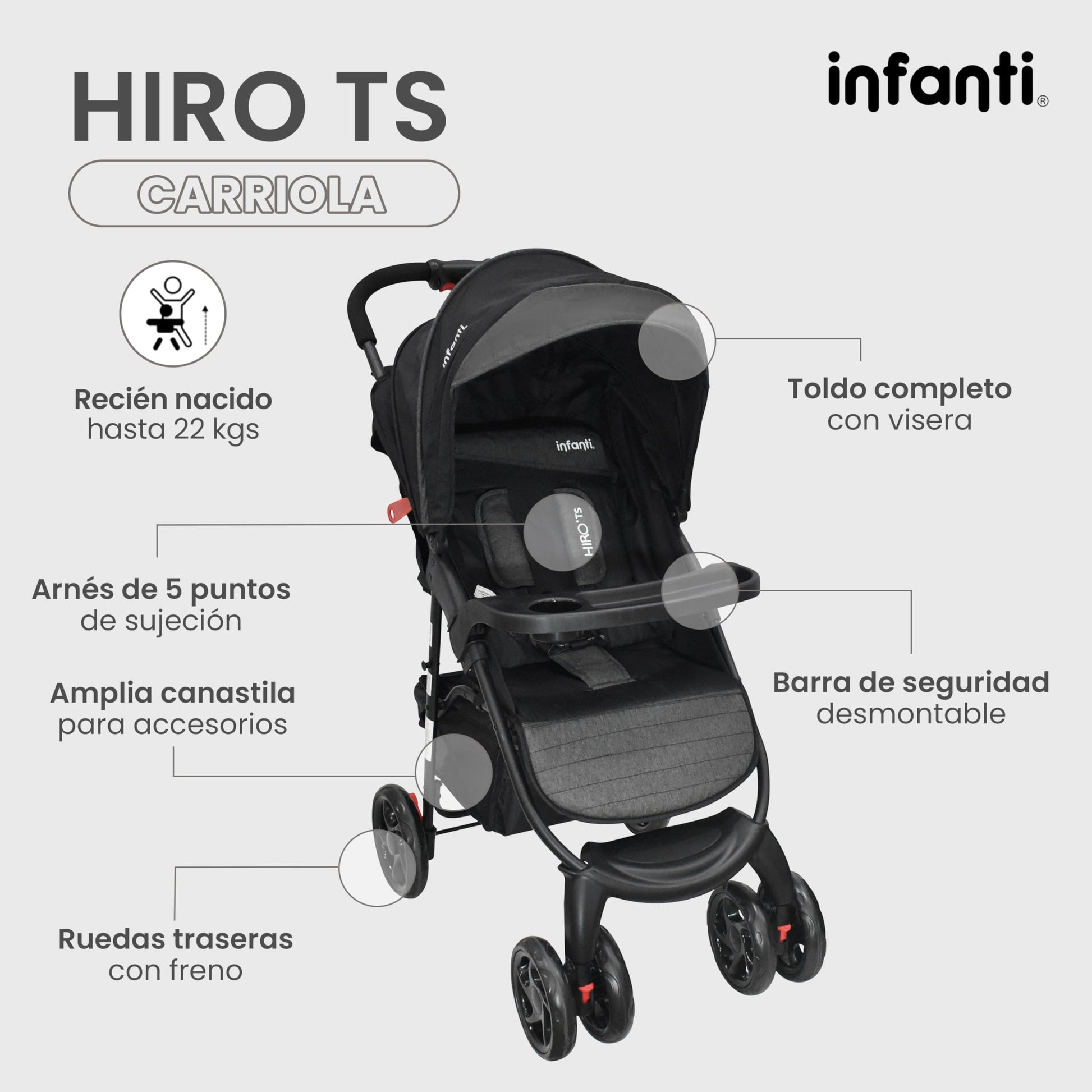 INFANTI | Carriola para Bebe HIRO TS | Carriola de Viaje y Portabebe | Travel System - Cosas para Bebes hasta 22kg | Asiento para Bebé - Autoasientos para Bebe Ligera con Arnés de Seguridad (Black)