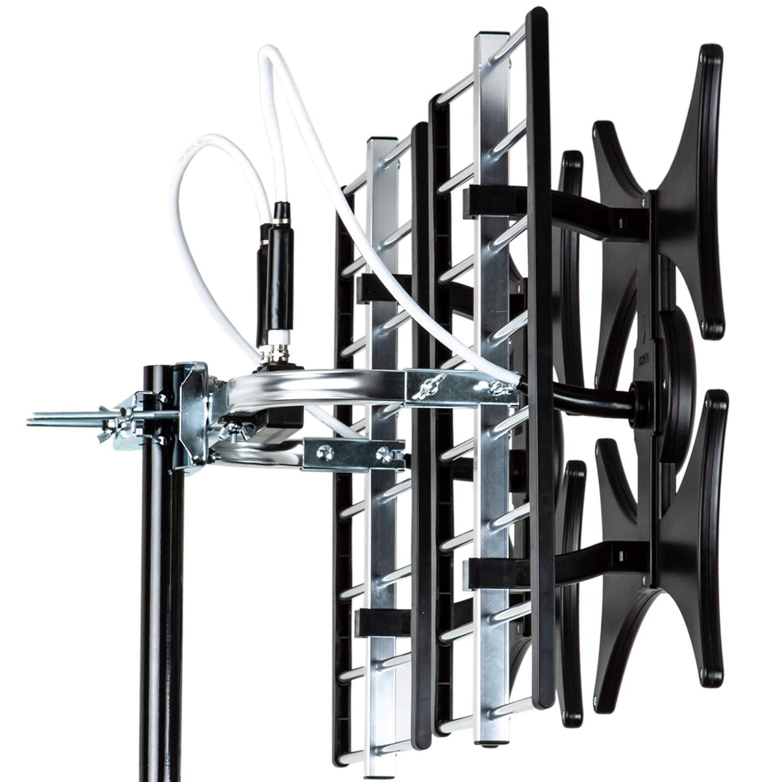 Five Star Antena multidireccional de 4 V HDTV amplificada – hasta 200 millas de alcance, UHF/VHF, interior, ático, exterior, 4K Ready 1080P FM con cable coaxial RG6 de 40 pies, poste de montaje