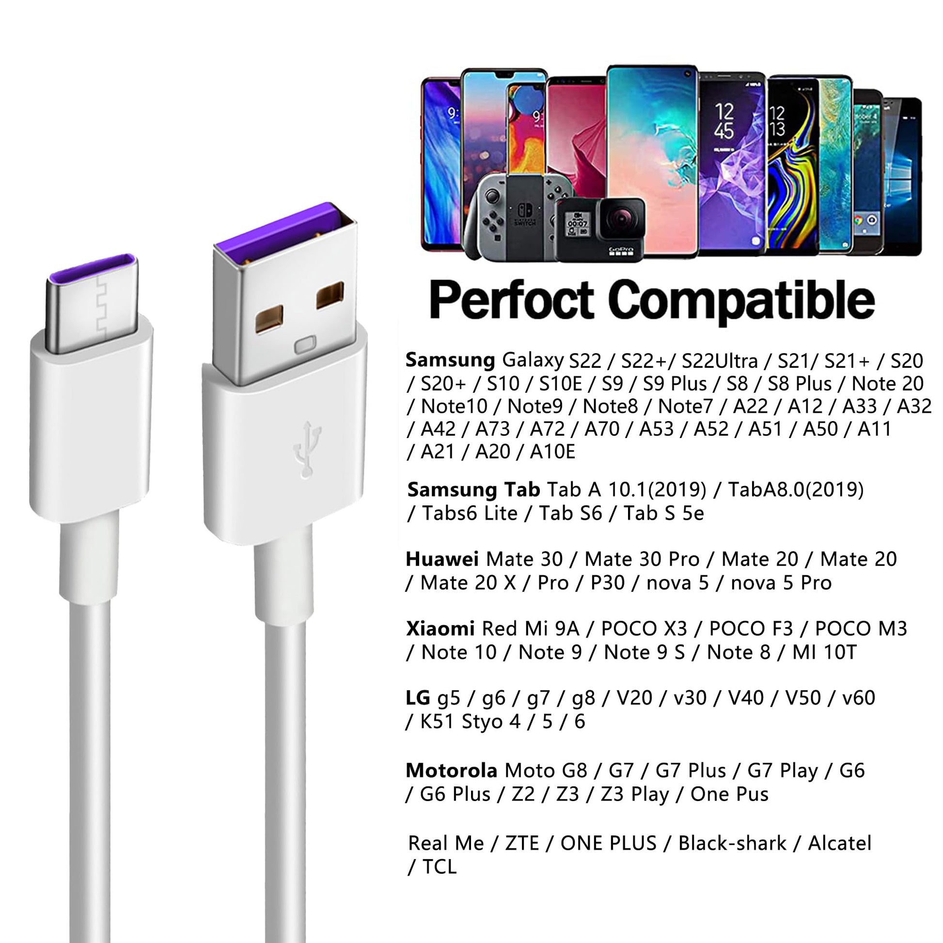 Cable USB C a USB A 3.0 MORNWELL Blanco Carga Rápida 1M para Huawei y Otros Dispositivos