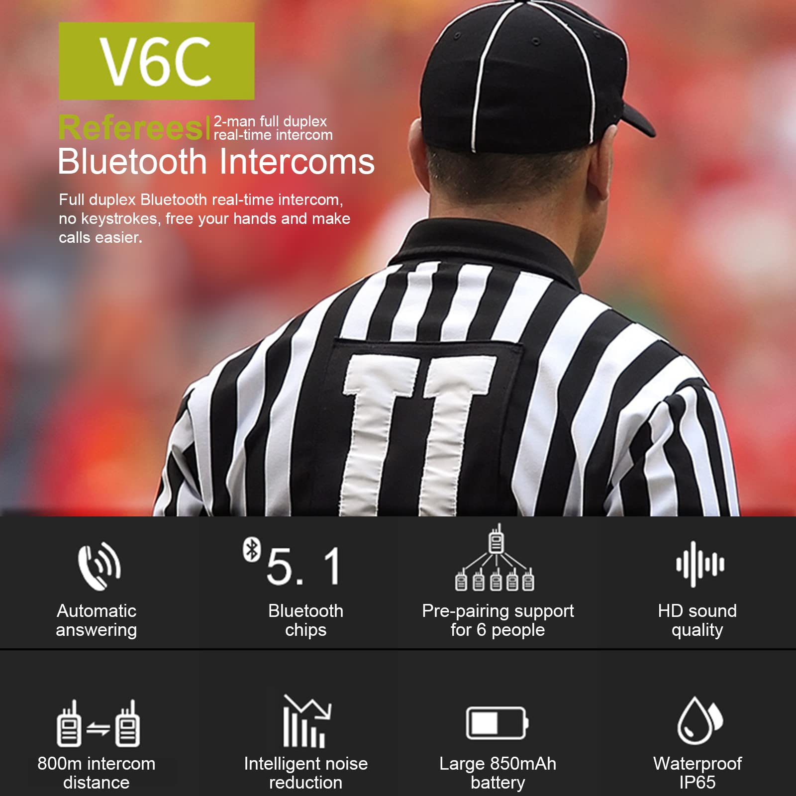 EJEAS V6c1 - walkie - talkie Bluetooth del árbitro, sistema de comunicación de auriculares Bluetooth del árbitro profesional de fútbol, distancia de walkie - talkie 1200m, reducción de ruido esp, batería 850mah, con reposabrazos 1 paquete