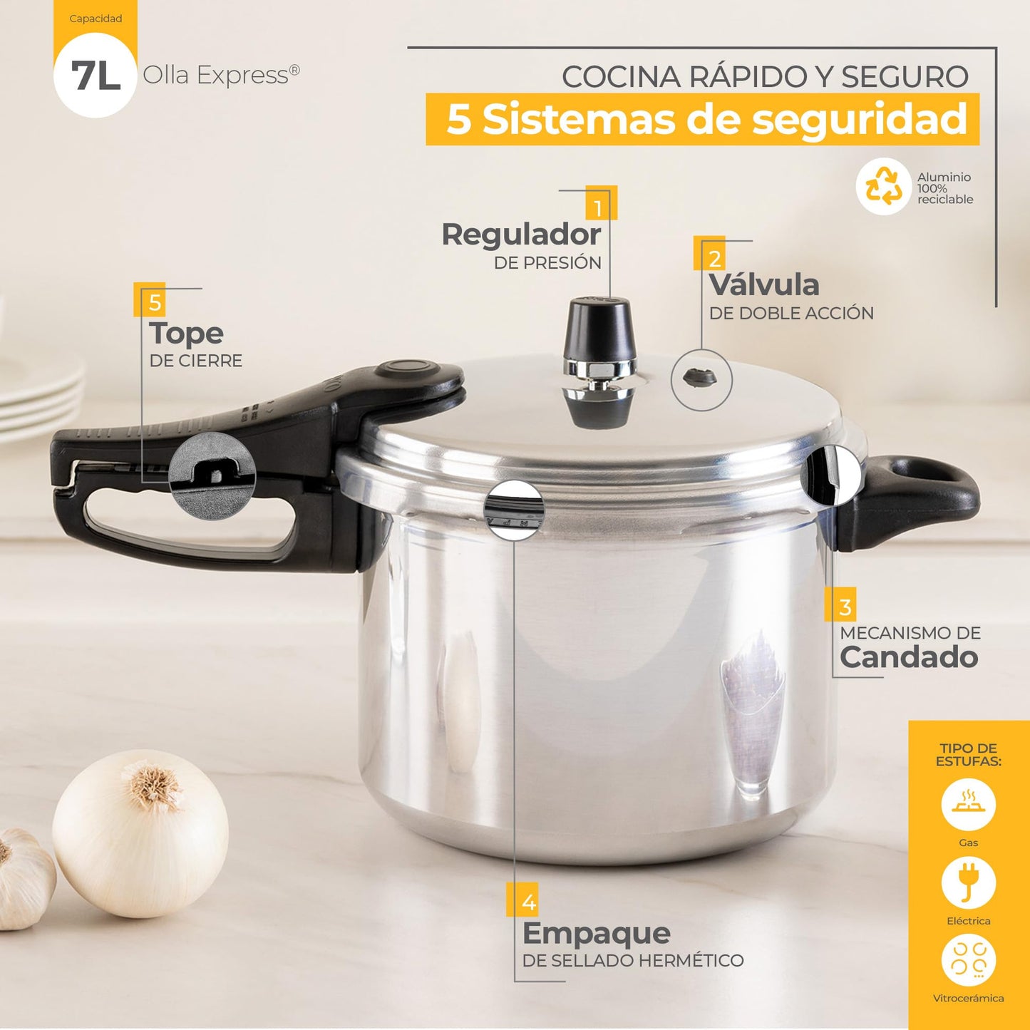 Olla Express Ekco Aluminio 7 Litros con Sistemas de Seguridad