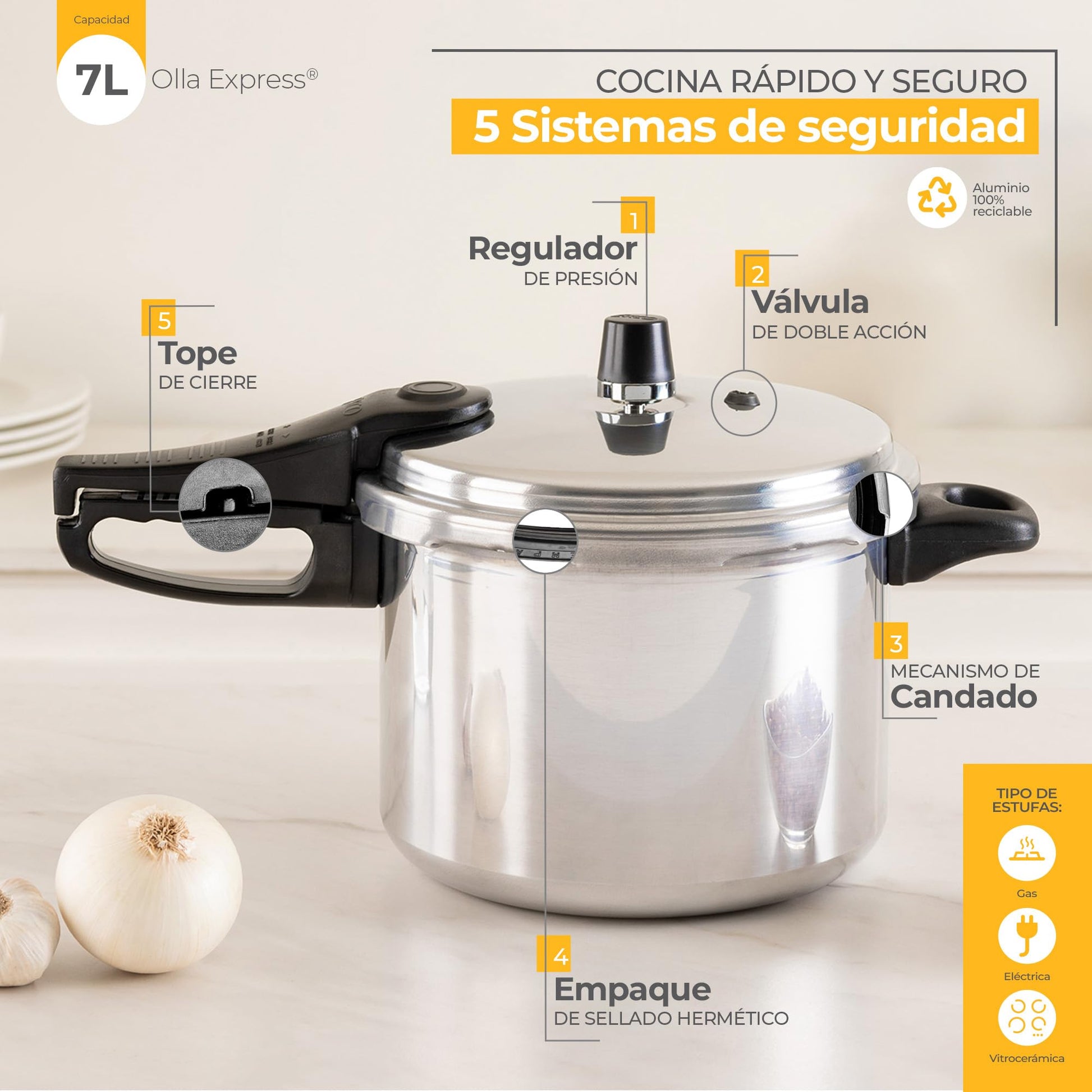 Olla Express Ekco Aluminio 7 Litros con Sistemas de Seguridad
