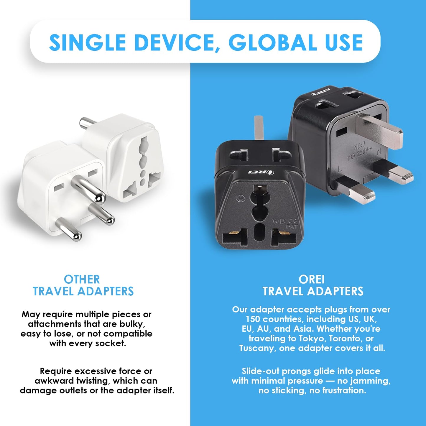 Adaptador Enchufe Tipo G Orei Negro Paquete de 2