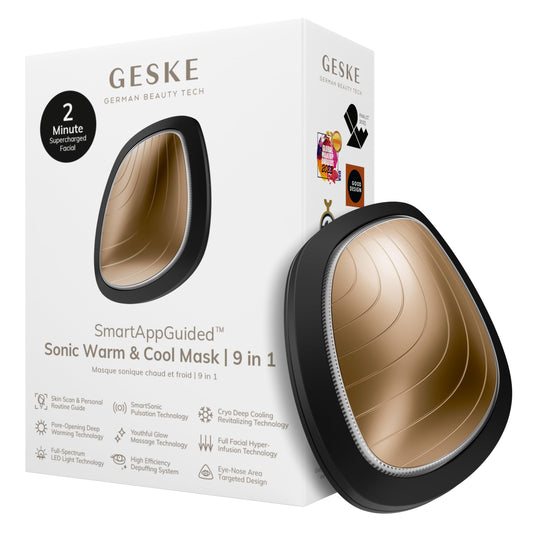 GESKE | SmartAppGuided™ Sonic Warm & Cool Mask | 9 en 1 | Máscara facial LED de belleza | Espectro LED completo y terapia de luz roja | Calor/frío | Mayor absorción de productosl | masajeador facial