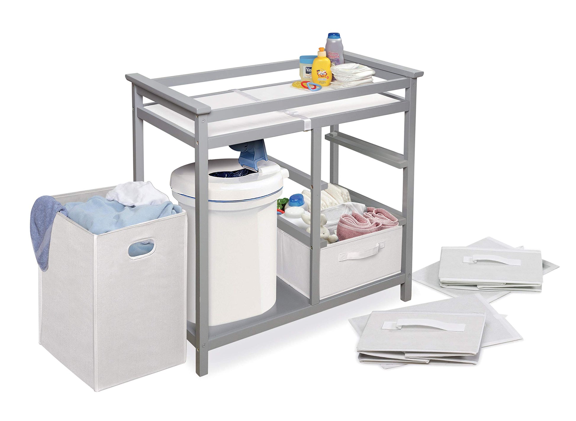 Badger Basket - Cambiador moderno para bebé, muebles de guardería con cesta de lavandería y 3 cajones de almacenamiento, estación cambiadora de pañales con cinturón de seguridad, cambiador, cestas