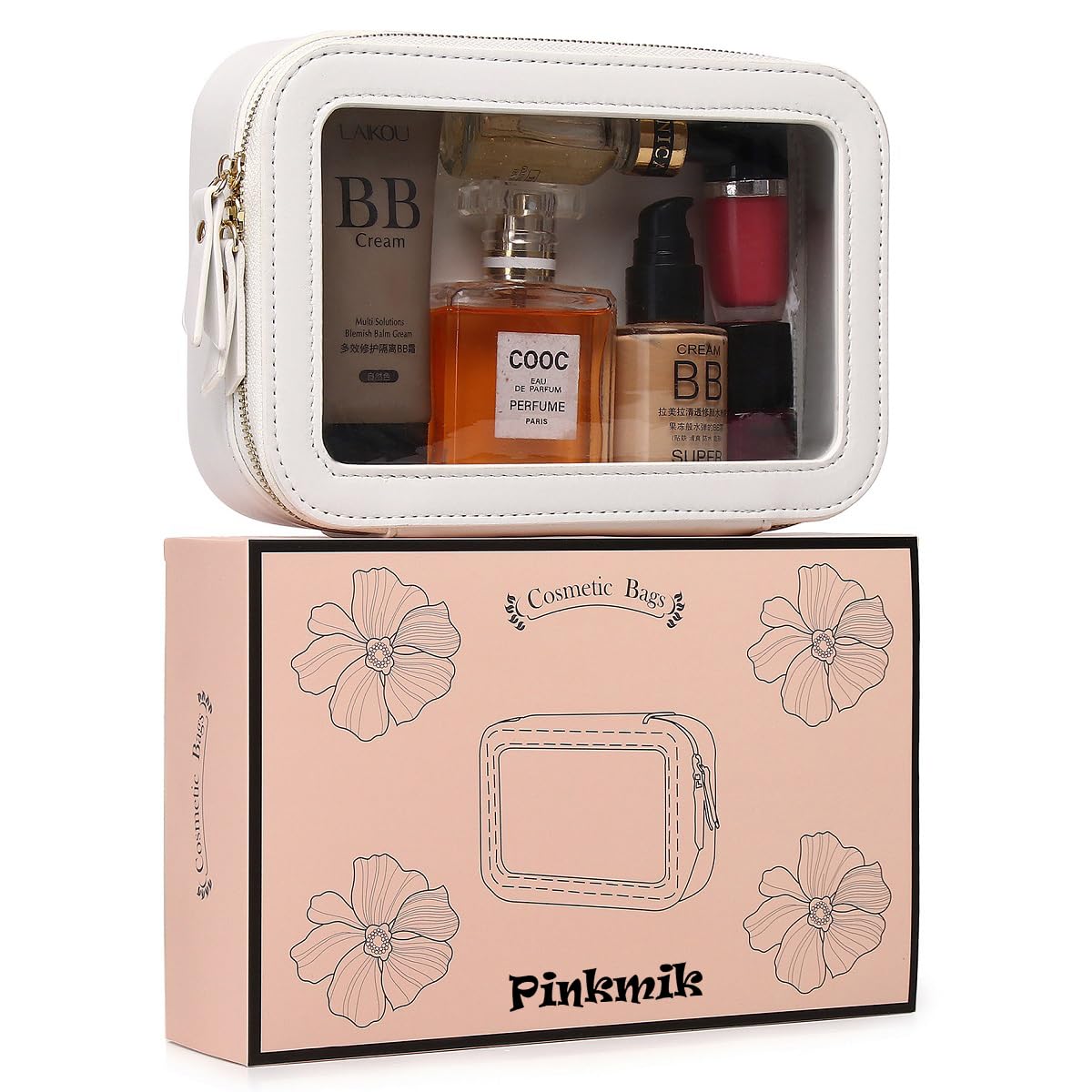 Pinkmik - Bolsa de maquillaje transparente para maquillaje portátil, bolsa de cosméticos de viaje con cierre para mujer, Blanco, Pequeño