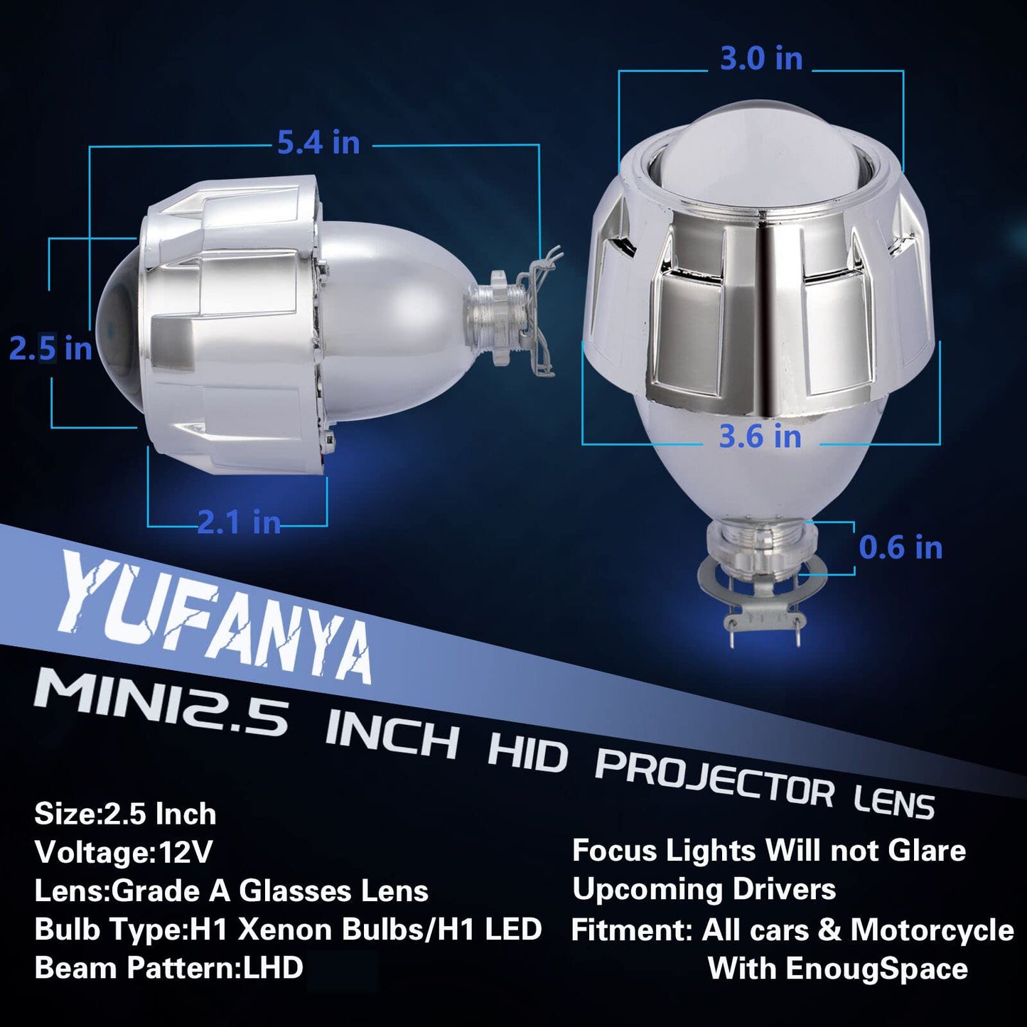 YUFANYA - Mini lente de proyector de 2.5 pulgadas, lente de proyector de bixenón LHD con cubiertas plateadas, función de haz alto/bajo, apto para H1 H4 H7, retrofit de motocicleta