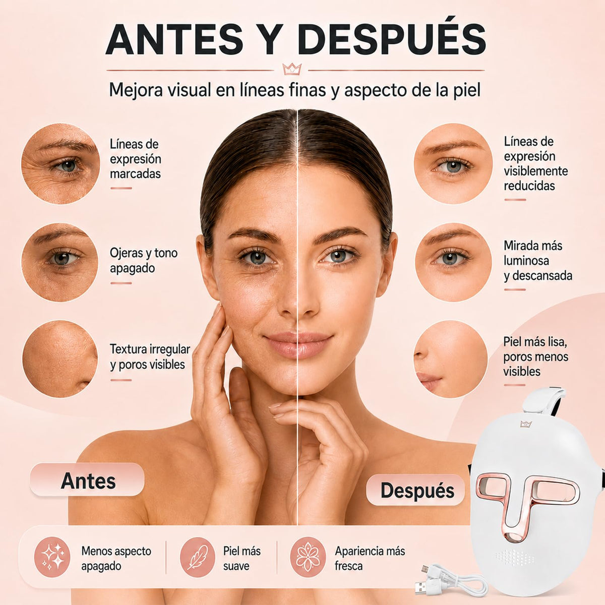 QKIIINQ Máscara facial led terapia de luz, Máscara facial led de 7 colores, Terapia de luz, Eliminación de Acné, Para uso doméstico y en salones de belleza