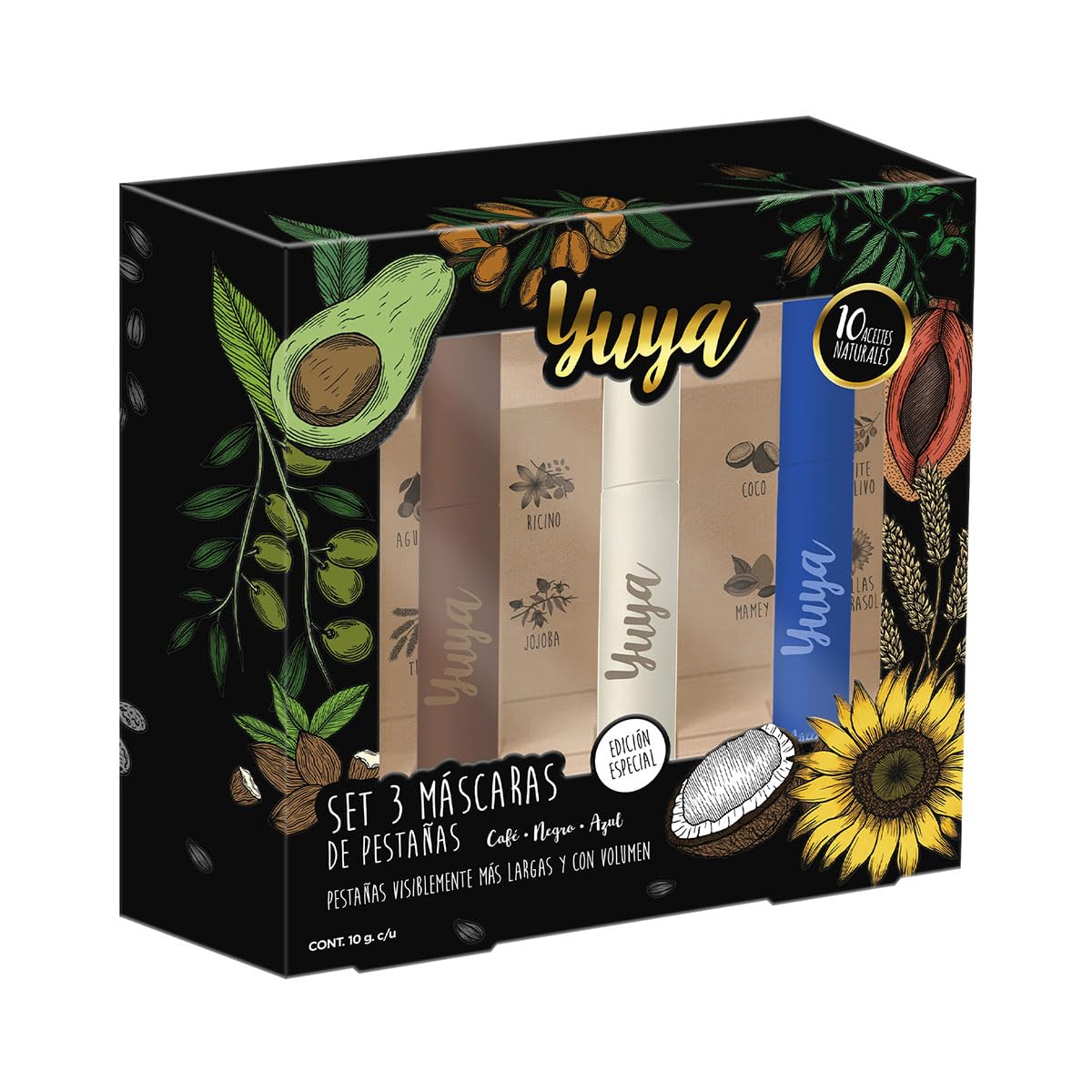 Yuya - Rimel - Mascara de pestañas - 10 aceites naturales - 10g c/u (Negra, Café, Azul, Pack Mascara 3 pzs)