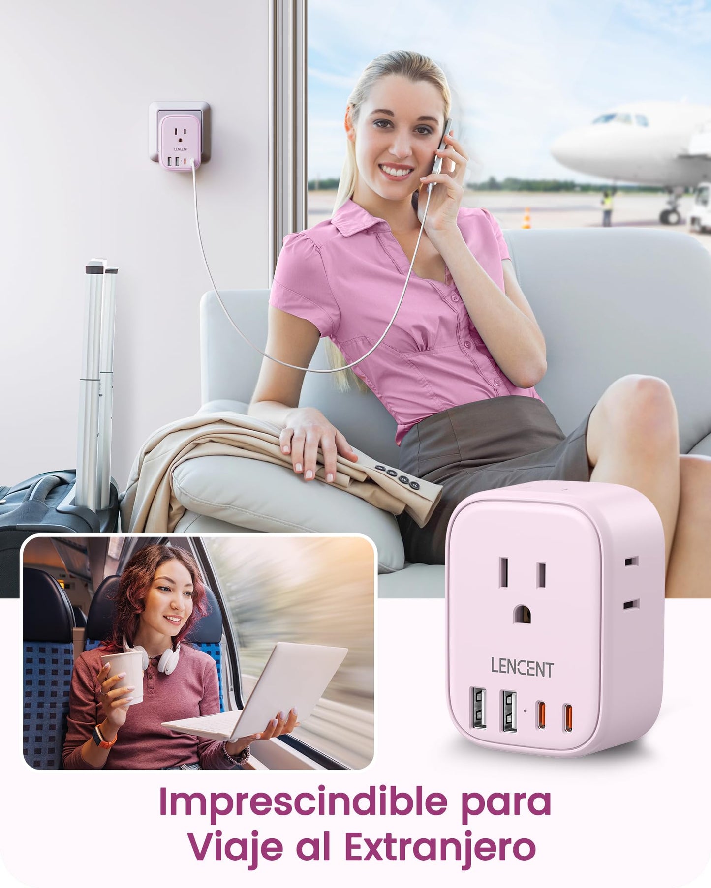 LENCENT Adaptador Europeo Plegable, Adaptador de Corriente con 4 Salidas y 4 Puertos USB (2USB C), Cargador Americano a Europeo para Alemania, España, Italia, Francia, Apto para Cruceros, Rosado