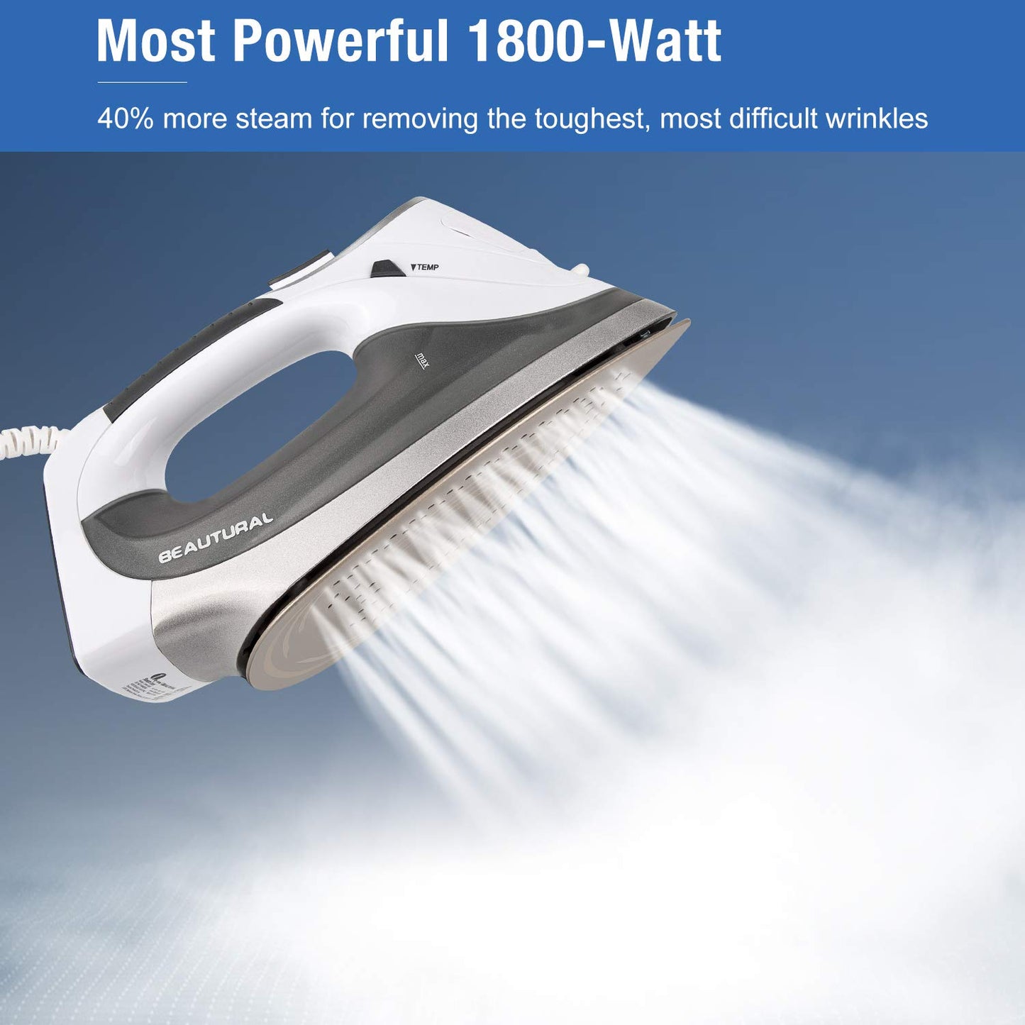BEAUTURAL - Plancha de vapor de 1800 vatios con visualización LCD digital, suela de doble capa y revestimiento de cerámica, apagado automático de 3 vías, 9 ajustes preestablecidos de temperatura y vapor para tela variable gris