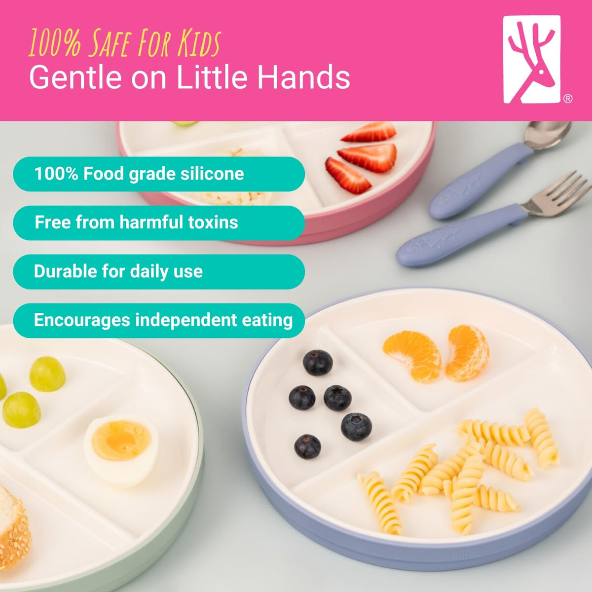 Elk and Friends - Platos con secciones divididas de porcelana de 17 cm, con fundas de silicona, para bebés y niños, aptos para microondas y lavavajillas, antideslizantes, para aperitivos