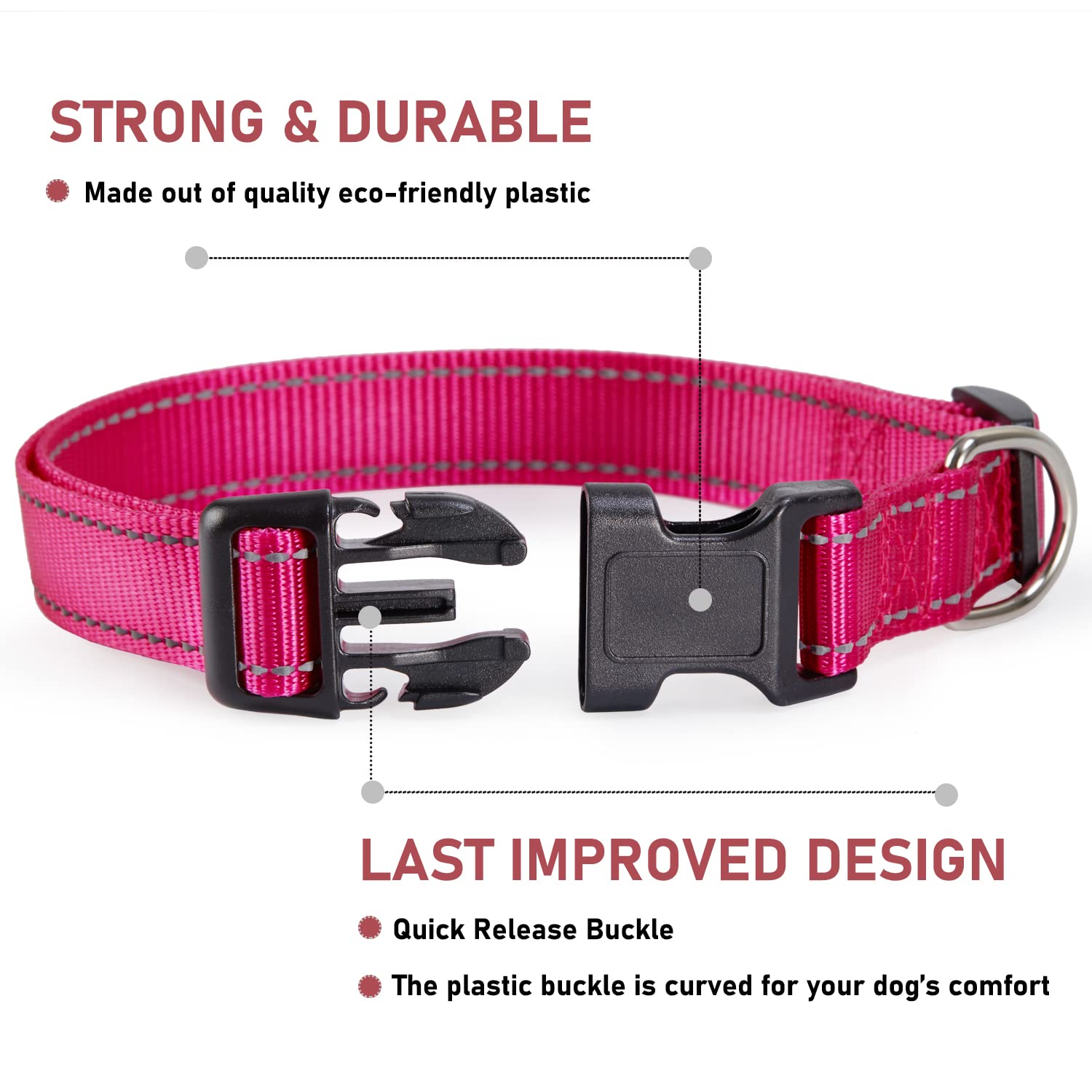 Collar reflectante para perro con hebilla de bloqueo de seguridad, ajustable suave neopreno acolchado transpirable de nailon para perros pequeños, medianos y grandes, rosa S