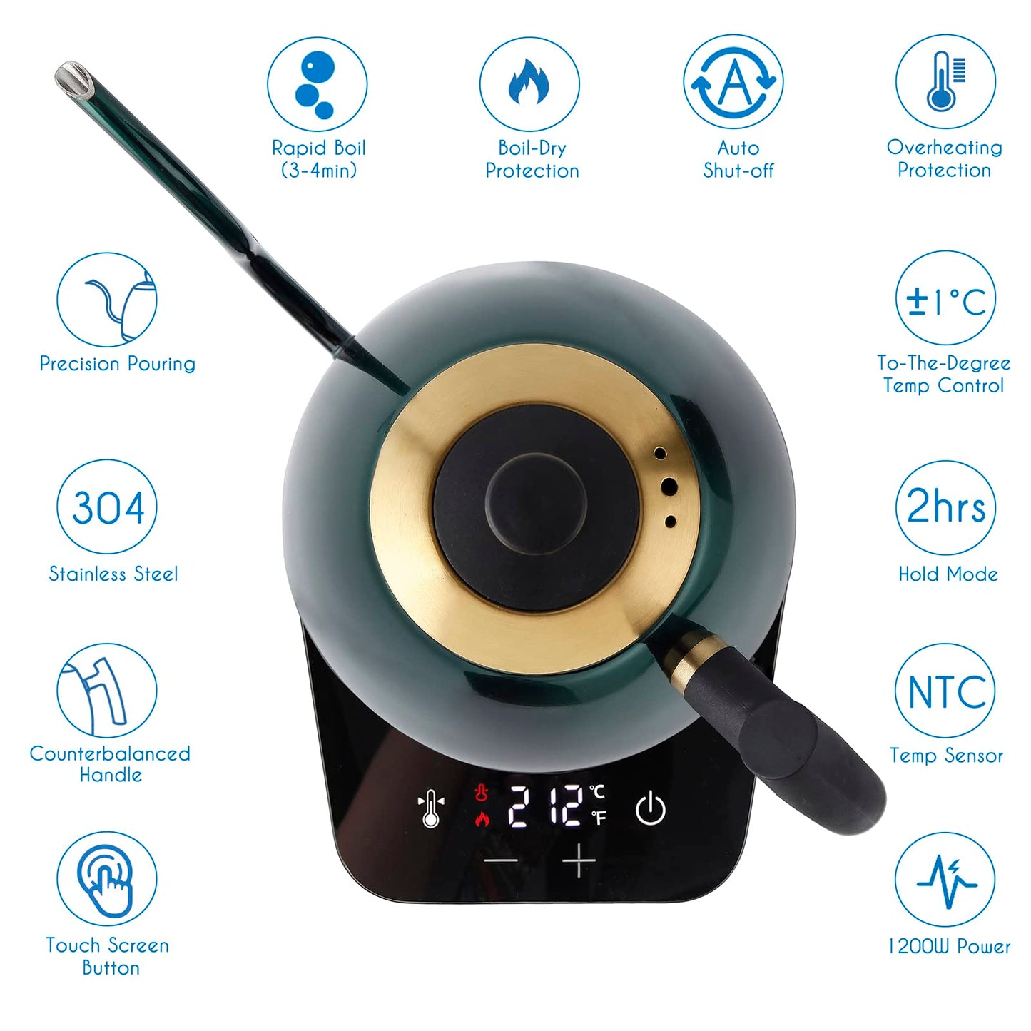 Easyworkz hervidor de café eléctrico de cuello de cisne, tetera de acero inoxidable con goteo manual, control de temperatura de 800 ml, calentamiento rápido de 1200 W