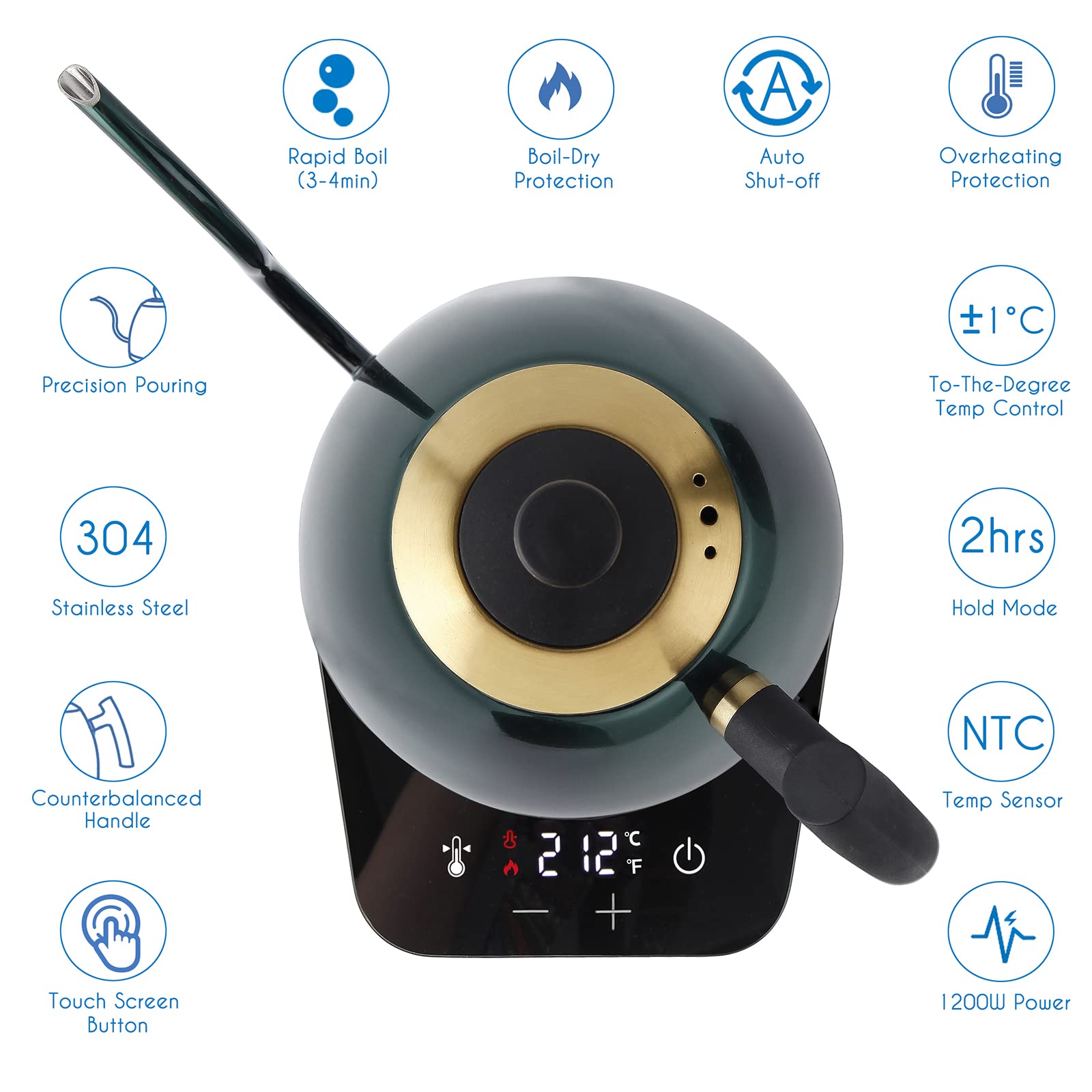 Easyworkz hervidor de café eléctrico de cuello de cisne, tetera de acero inoxidable con goteo manual, control de temperatura de 800 ml, calentamiento rápido de 1200 W