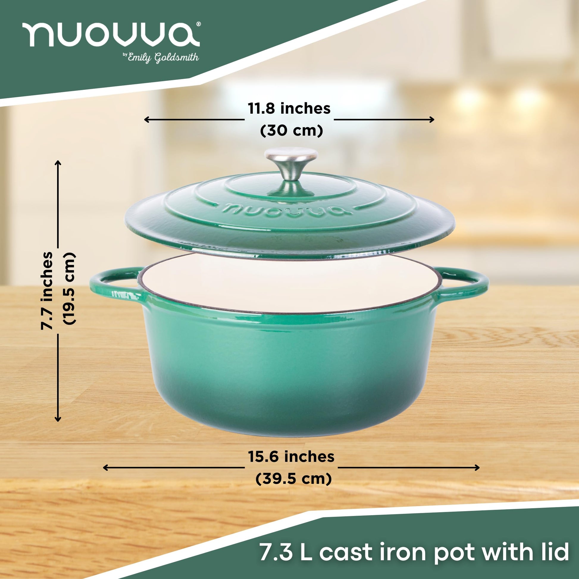 Nuovva - Horno holandés de hierro fundido con tapa - Cacerola esmaltada antiadherente - Utensilios de cocina resistente para horno holandés - Verde oscuro, 7.3 cuartos de galón, 30 cm