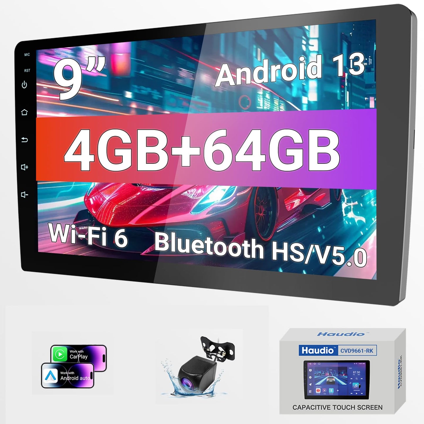 Haudio 9" Wireless Double DIN Car Stereo with Bluetooth, Wireless CarPlay, Android Auto, WiFi 6, 1280 * 720 HD Touchscreen, 4+64GB Storage,Backup Camera, GPS，Pro Sound Quality, FM/Am