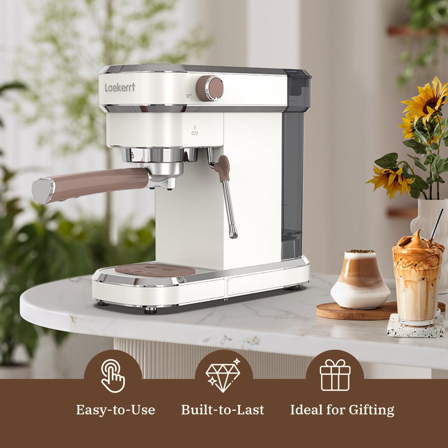 Máquina de café expreso Laekerrt, cafetera espresso de 20 bares con espumador de leche, cafetera pequeña compacta para café con leche y capuchino (blanco pera, acero inoxidable)