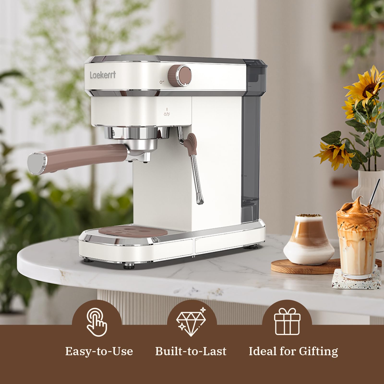 Máquina de café expreso Laekerrt, cafetera espresso de 20 bares con espumador de leche, cafetera pequeña compacta para café con leche y capuchino (blanco pera, acero inoxidable)